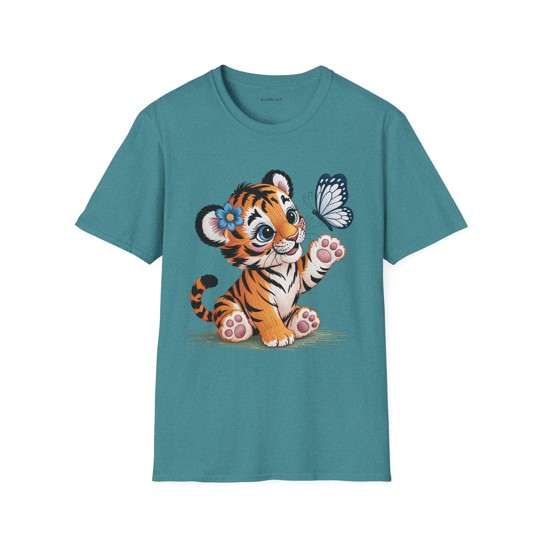 Cute Tiger Cub with Butterfly Unisex Softstyle T-Shirt 100% Cotton Graphic