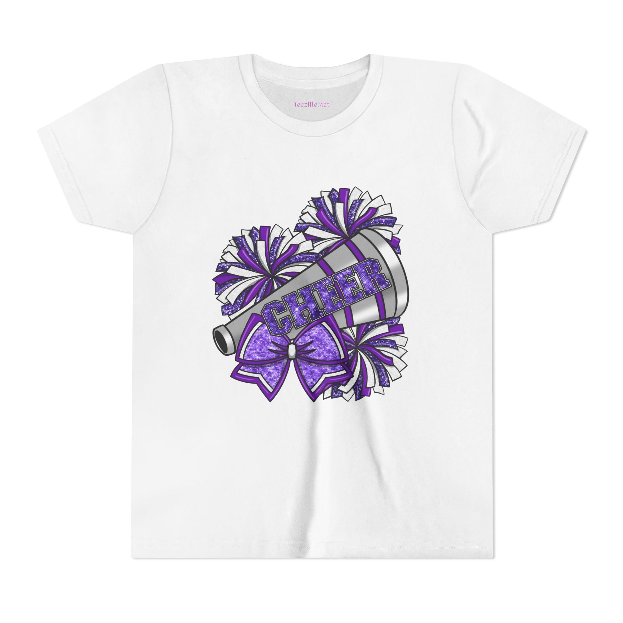 Youth Cheerleader Tee — Purple Pom-Pom & Megaphone Cheer Shirt