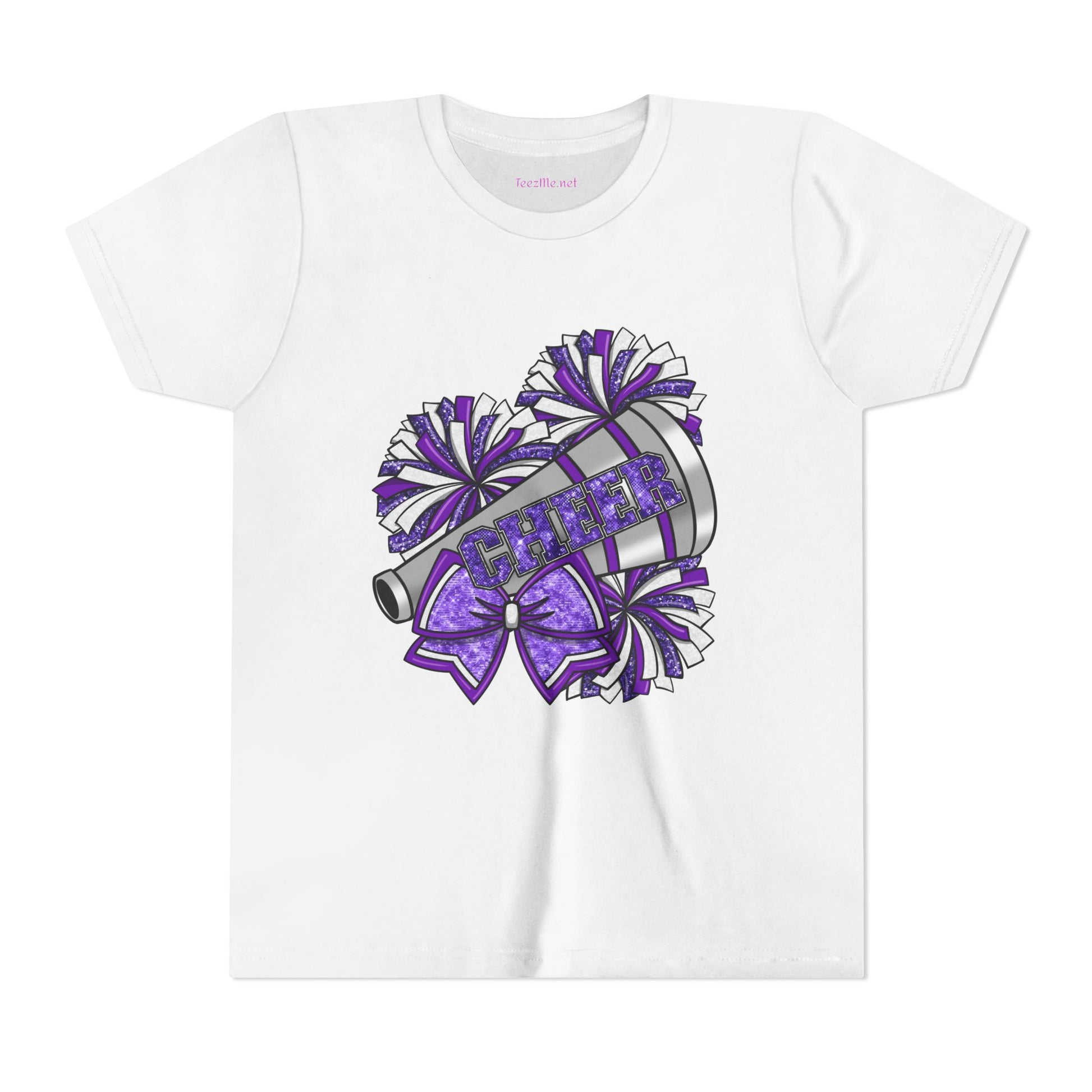 Youth Cheerleader Tee — Purple Pom-Pom & Megaphone Cheer Shirt