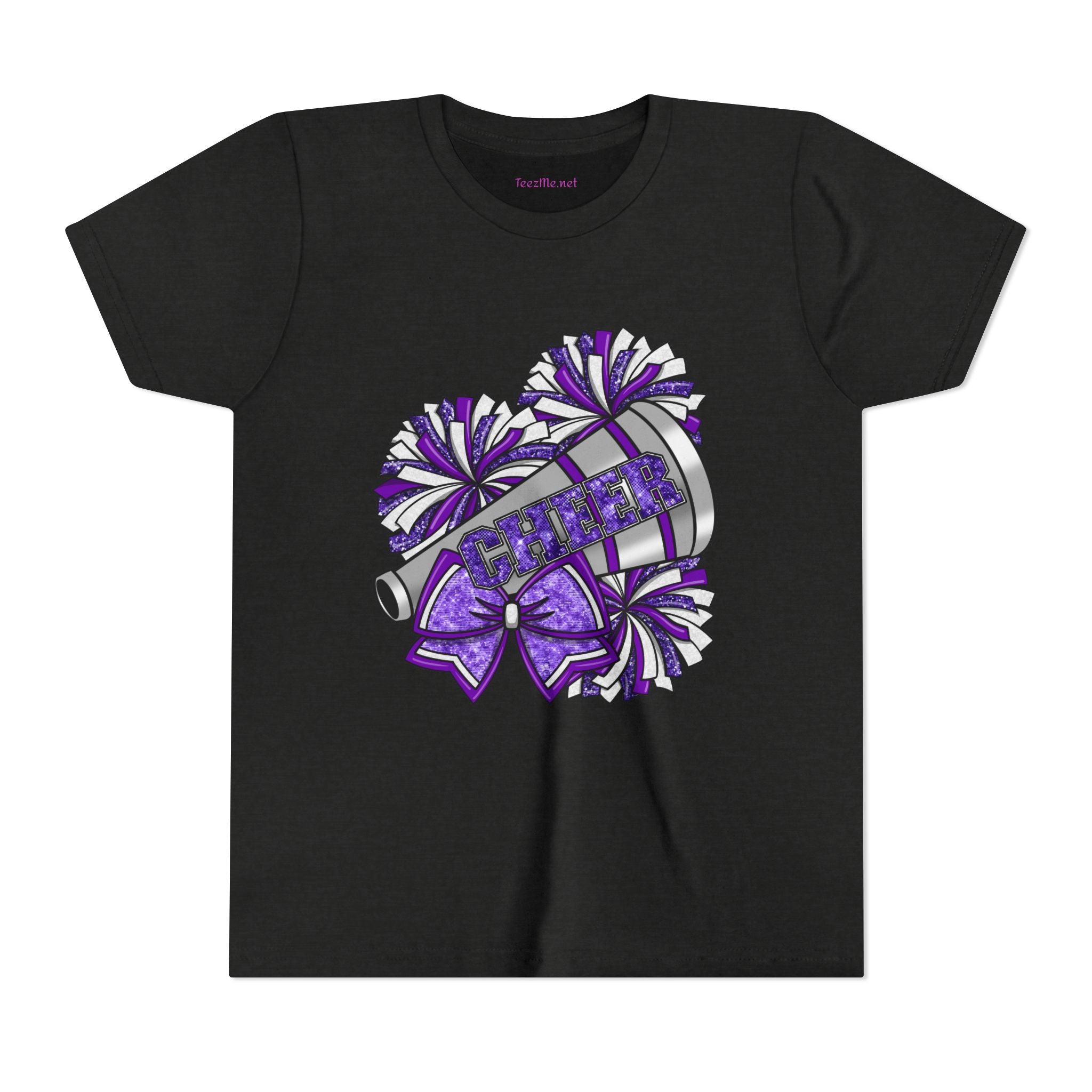 Youth Cheerleader Tee — Purple Pom-Pom & Megaphone Cheer Shirt