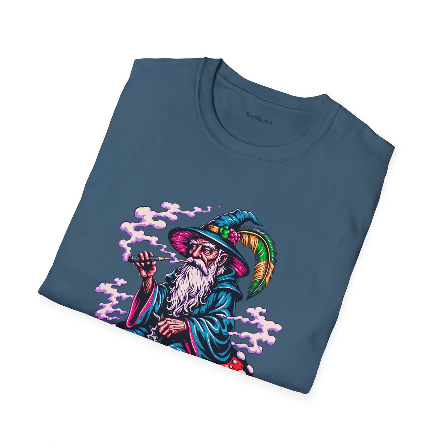 Psychedelic Smoking Wizard on Mushrooms Fantasy Unisex Softstyle T-Shirt 100% Cotton Graphic