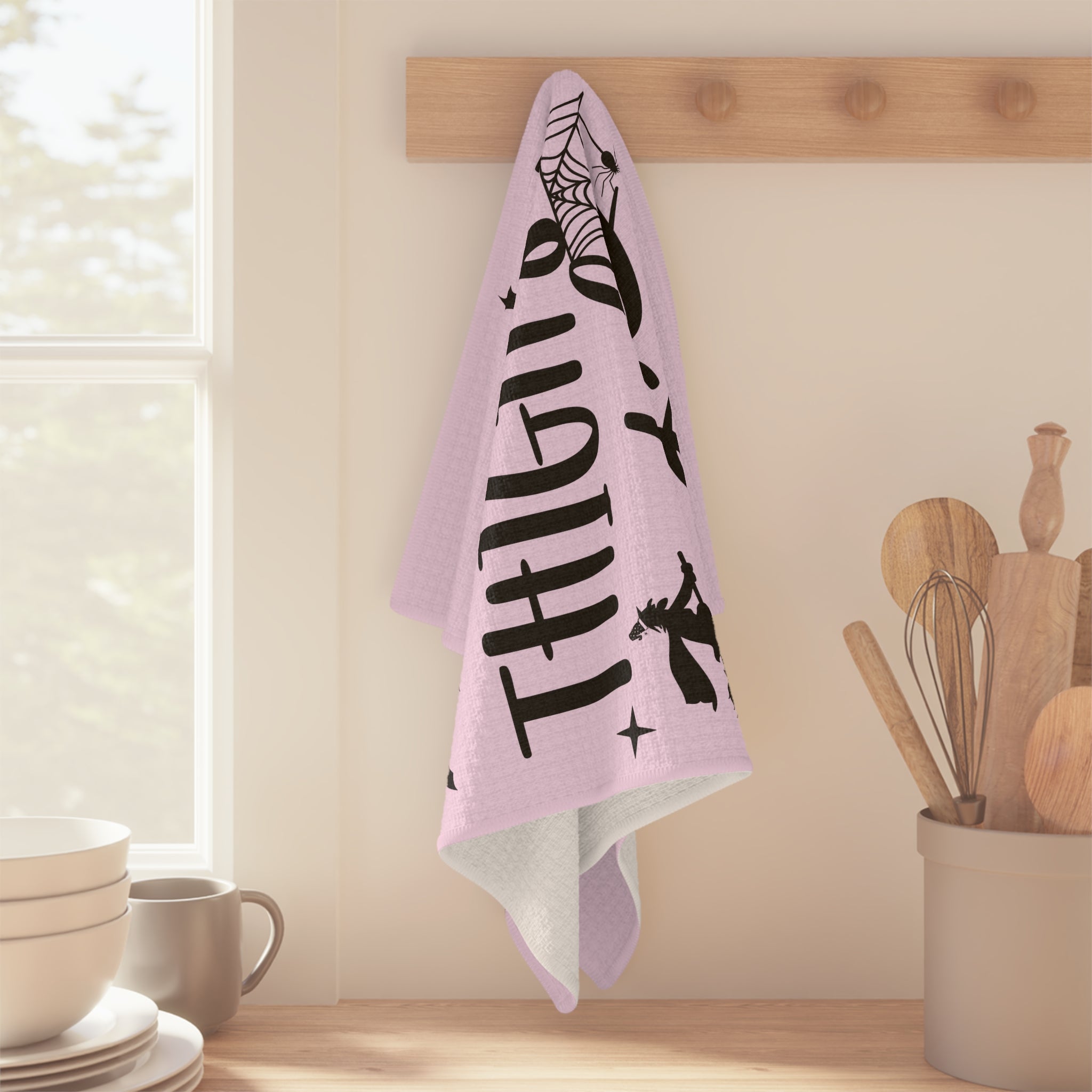 Tea Towel — "Thick Thighs & Witchy Vibes" Pink Halloween Kitchen Towel