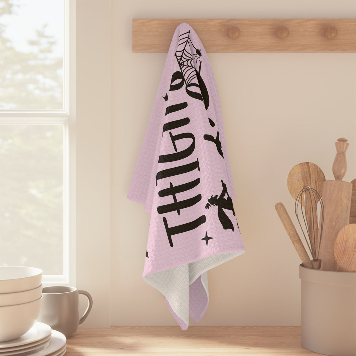 Tea Towel — "Thick Thighs & Witchy Vibes" Pink Halloween Kitchen Towel