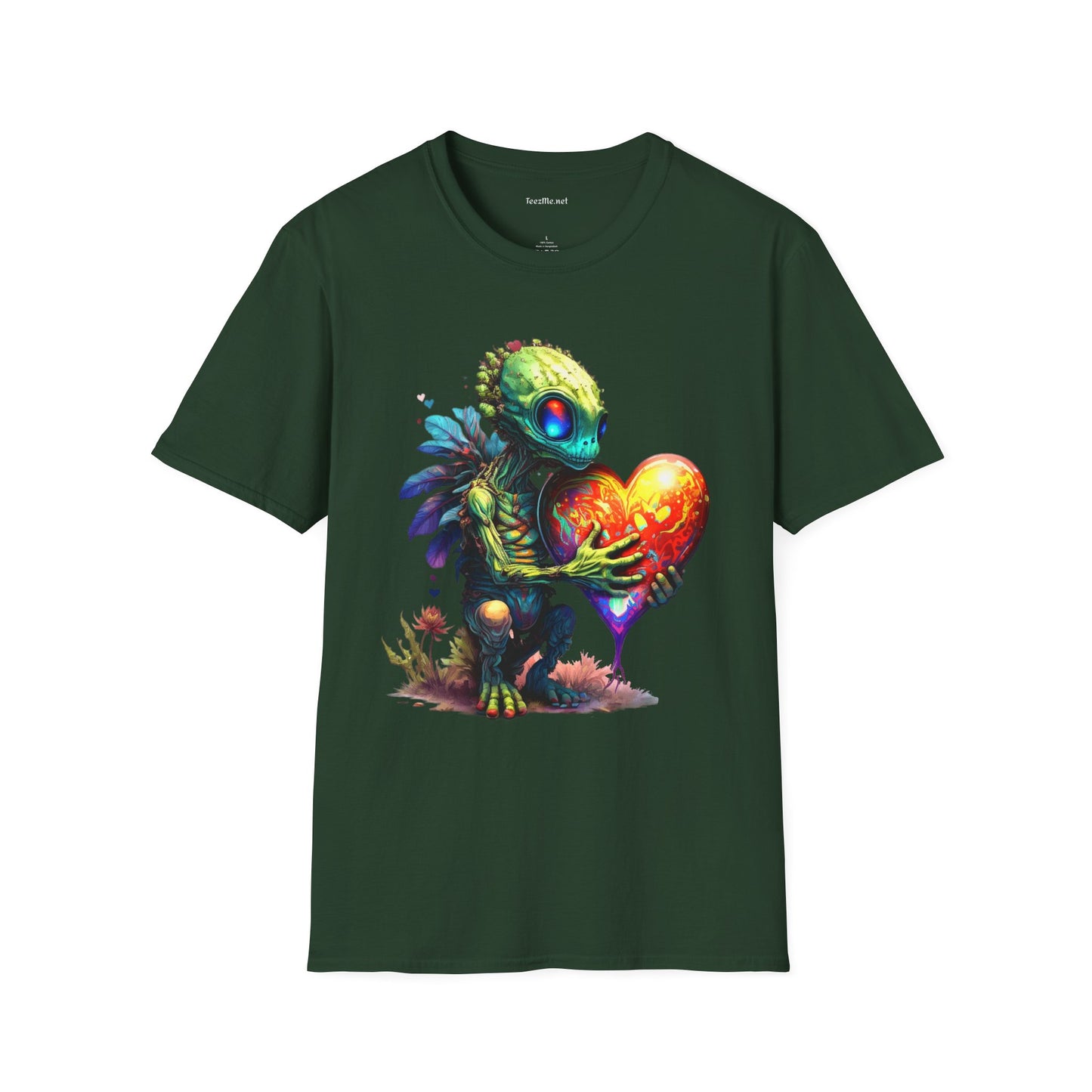 Alien Holding A Heart Unisex Softstyle T-Shirt 100% Cotton Graphic