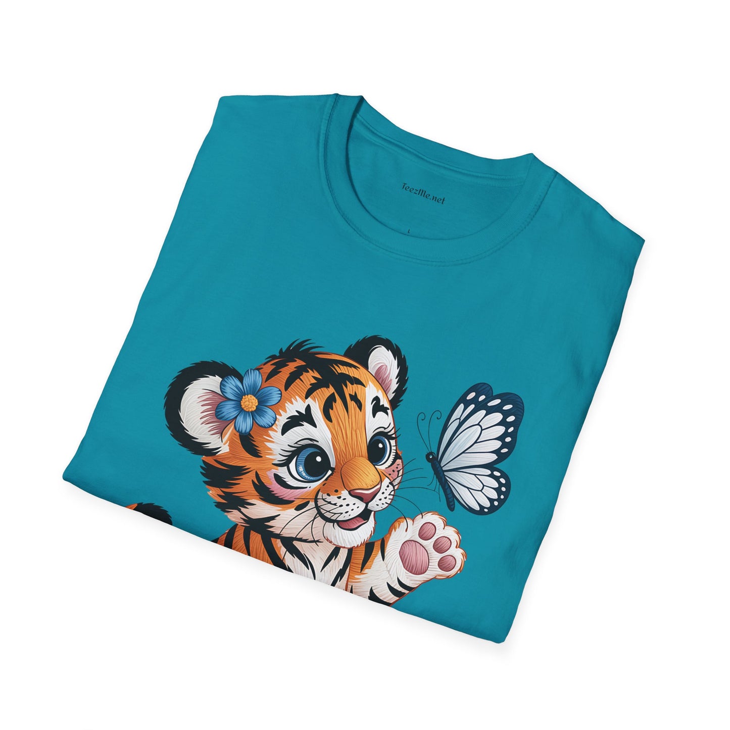 Cute Tiger Cub with Butterfly Unisex Softstyle T-Shirt 100% Cotton Graphic