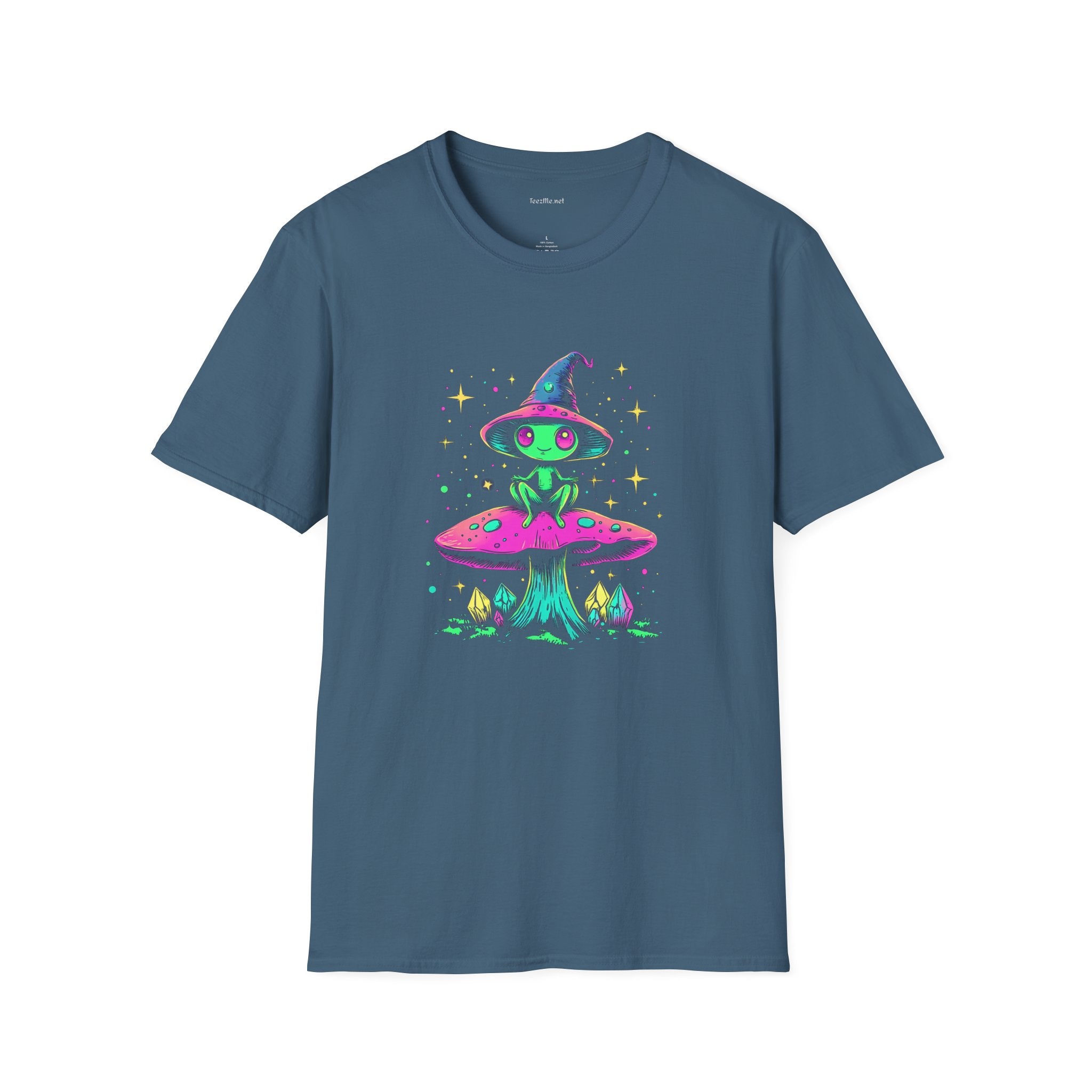 Alien sitting on mushroom - Unisex Softstyle T-Shirt 100% Cotton Graphic