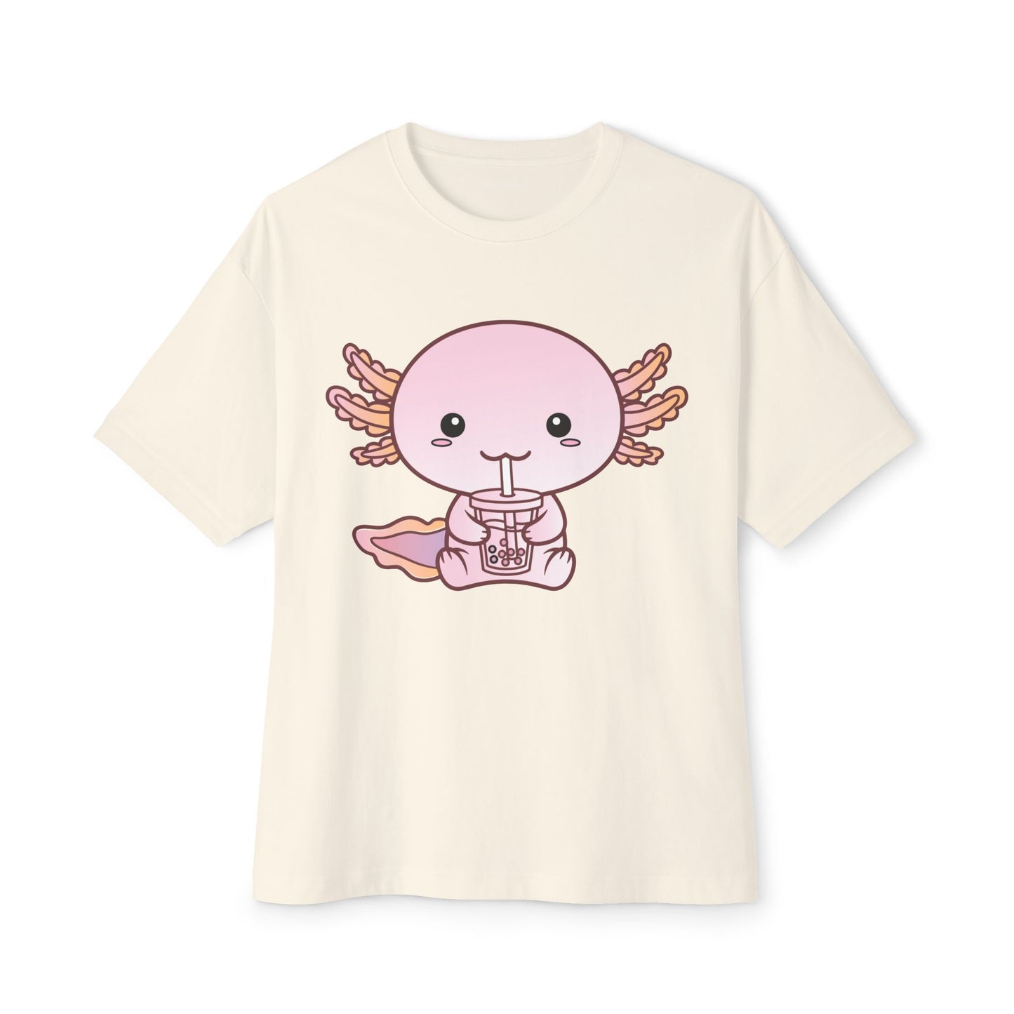 Cute Kawaii Axolotl Drinking Bubble Tea Unisex Oversized Boxy Tee