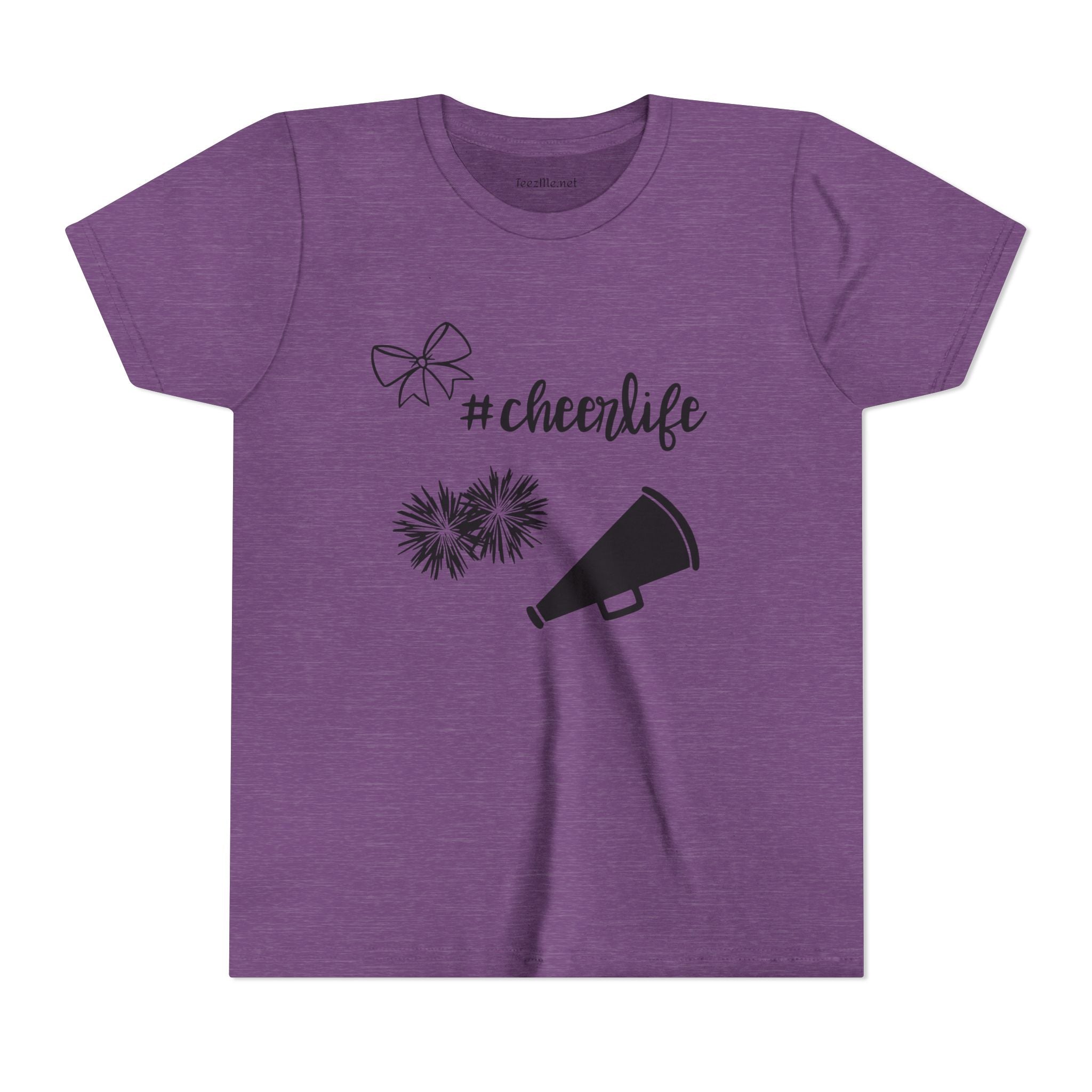 Youth Cheer Tee – "#cheerlife" Megaphone, Pom-Poms & Bow Graphic