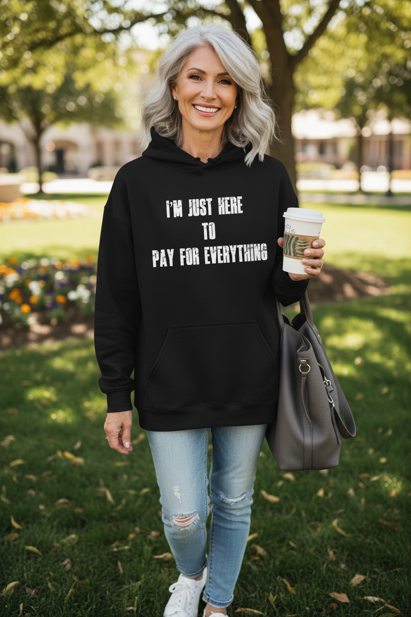 Hoodie — “I’m Just Here to Pay For Everything” Funny Statement Pullover
