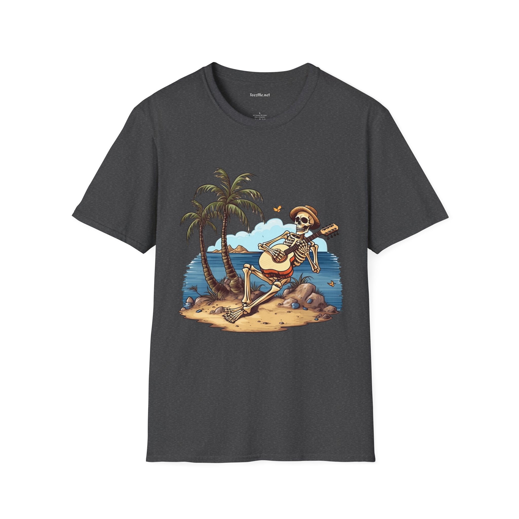 Skeleton with Guitar under palm tree - Unisex Softstyle T-Shirt 100% Cotton Graphic