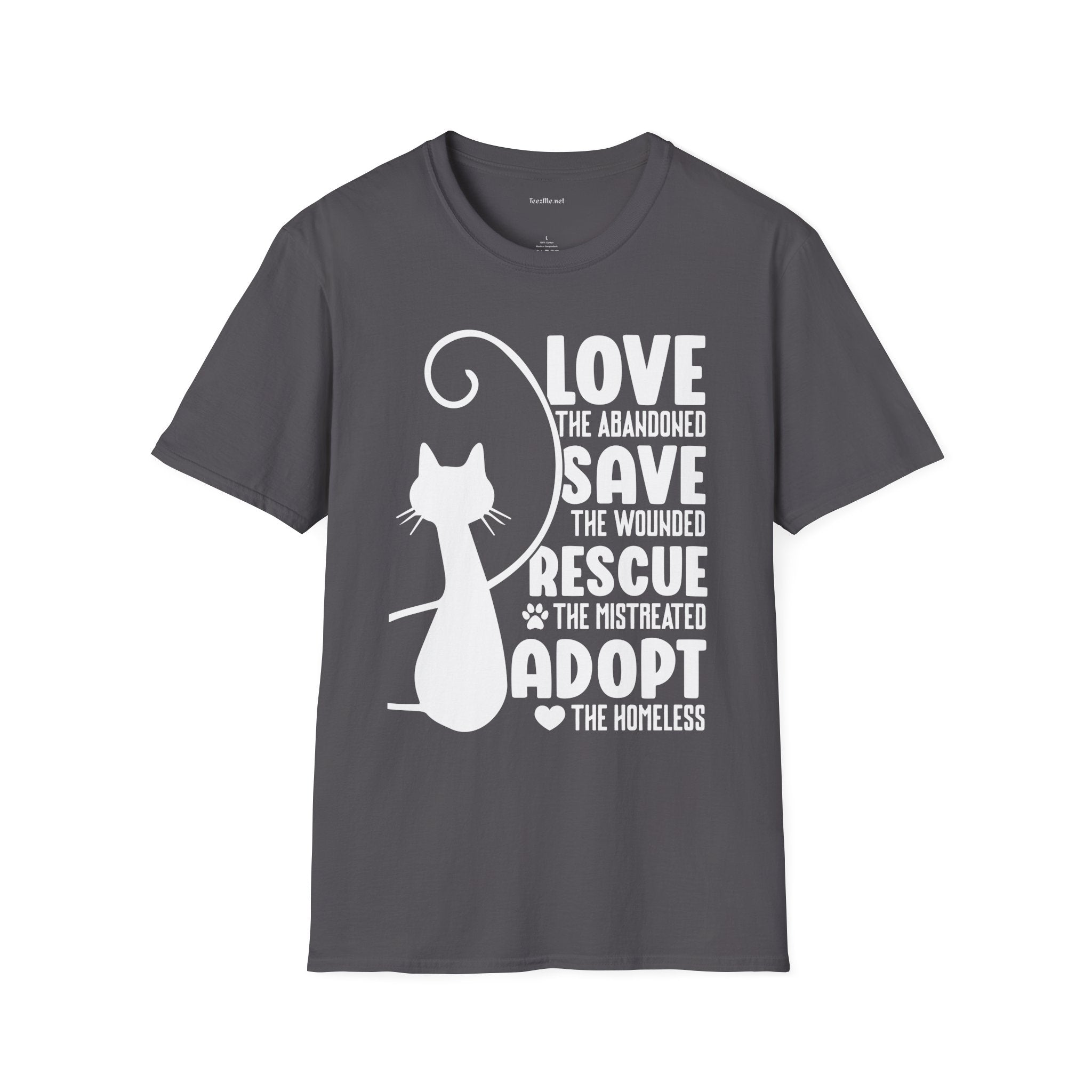 Cat Rescue T-Shirt — "Love the Abandoned, Save the Wounded" Adoption Tee