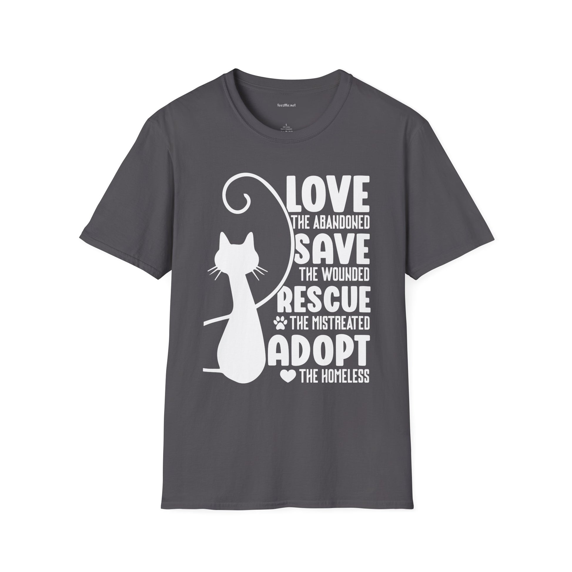 Cat Rescue T-Shirt — "Love the Abandoned, Save the Wounded" Adoption Tee