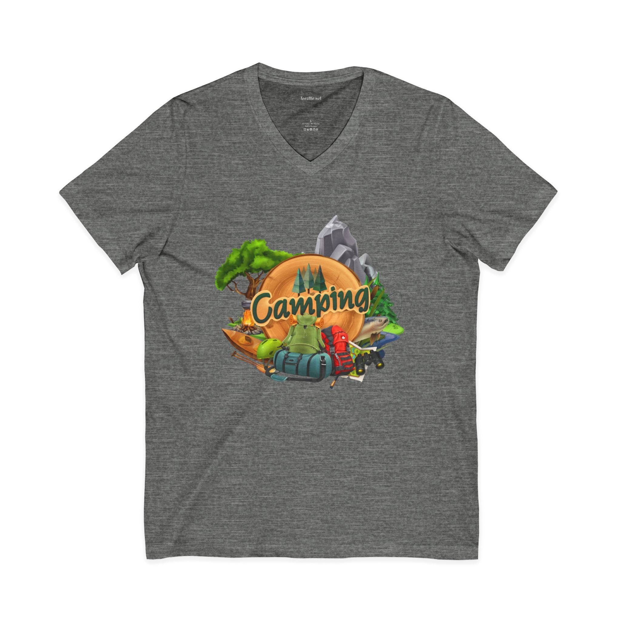 Camping Graphic V-Neck Tee — Outdoor Adventure Tent & Campfire Shirt