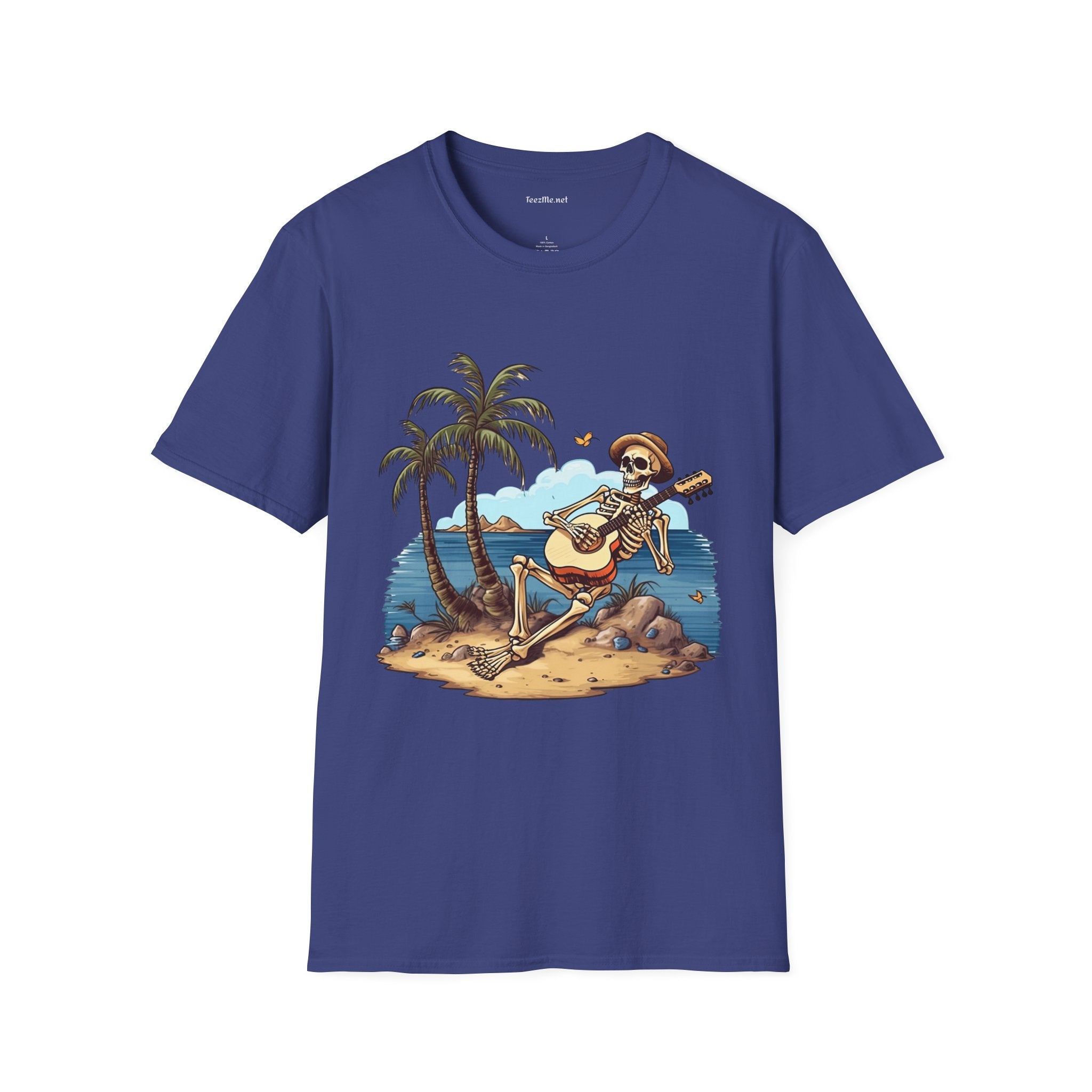 Skeleton with Guitar under palm tree - Unisex Softstyle T-Shirt 100% Cotton Graphic