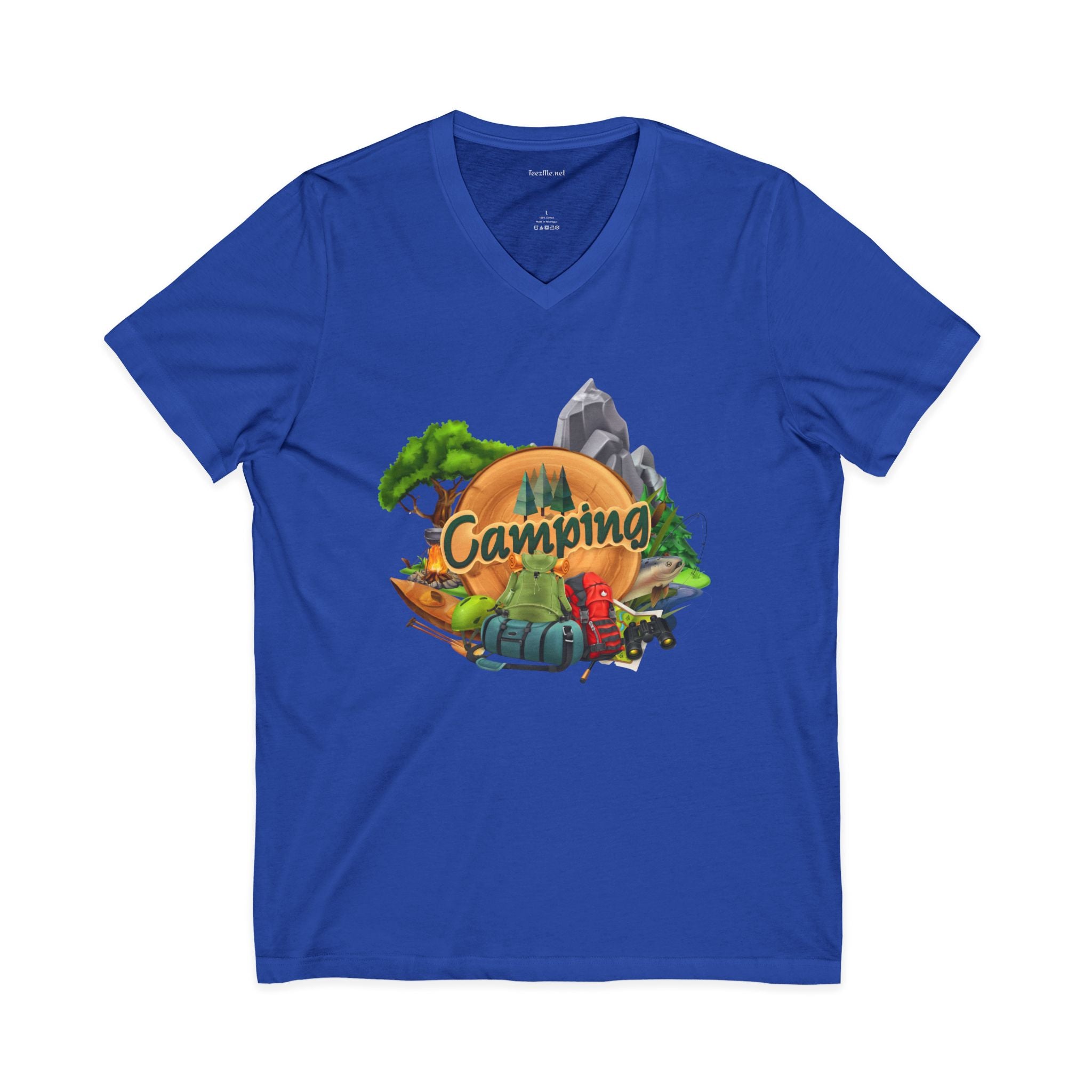 Camping Graphic V-Neck Tee — Outdoor Adventure Tent & Campfire Shirt
