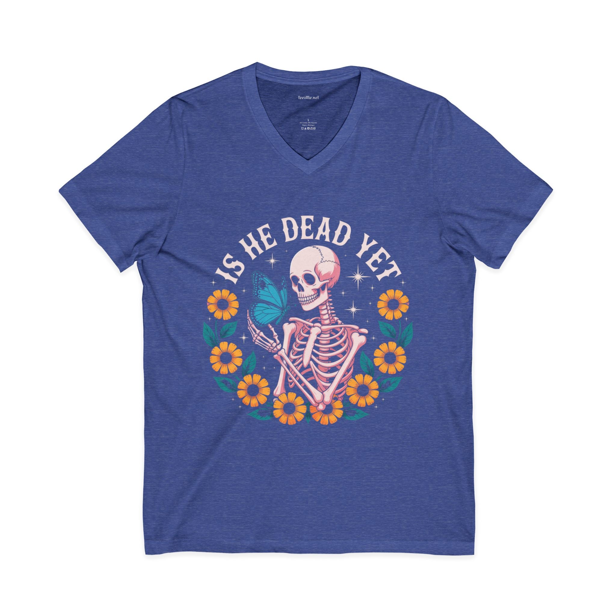 Is He Dead Yet? Skeleton Butterfly V-Neck Tee