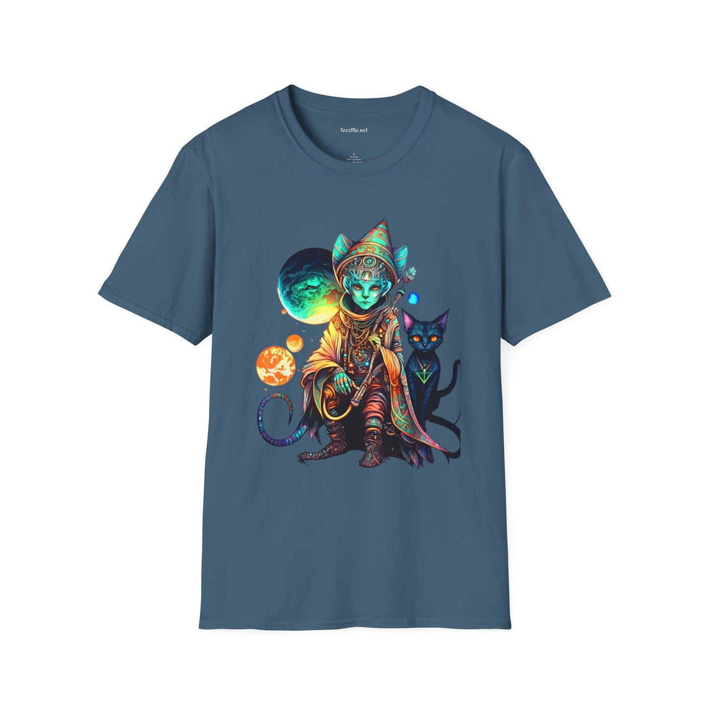 Alien Wizard with Cat Unisex Softstyle T-Shirt 100% Cotton Graphic
