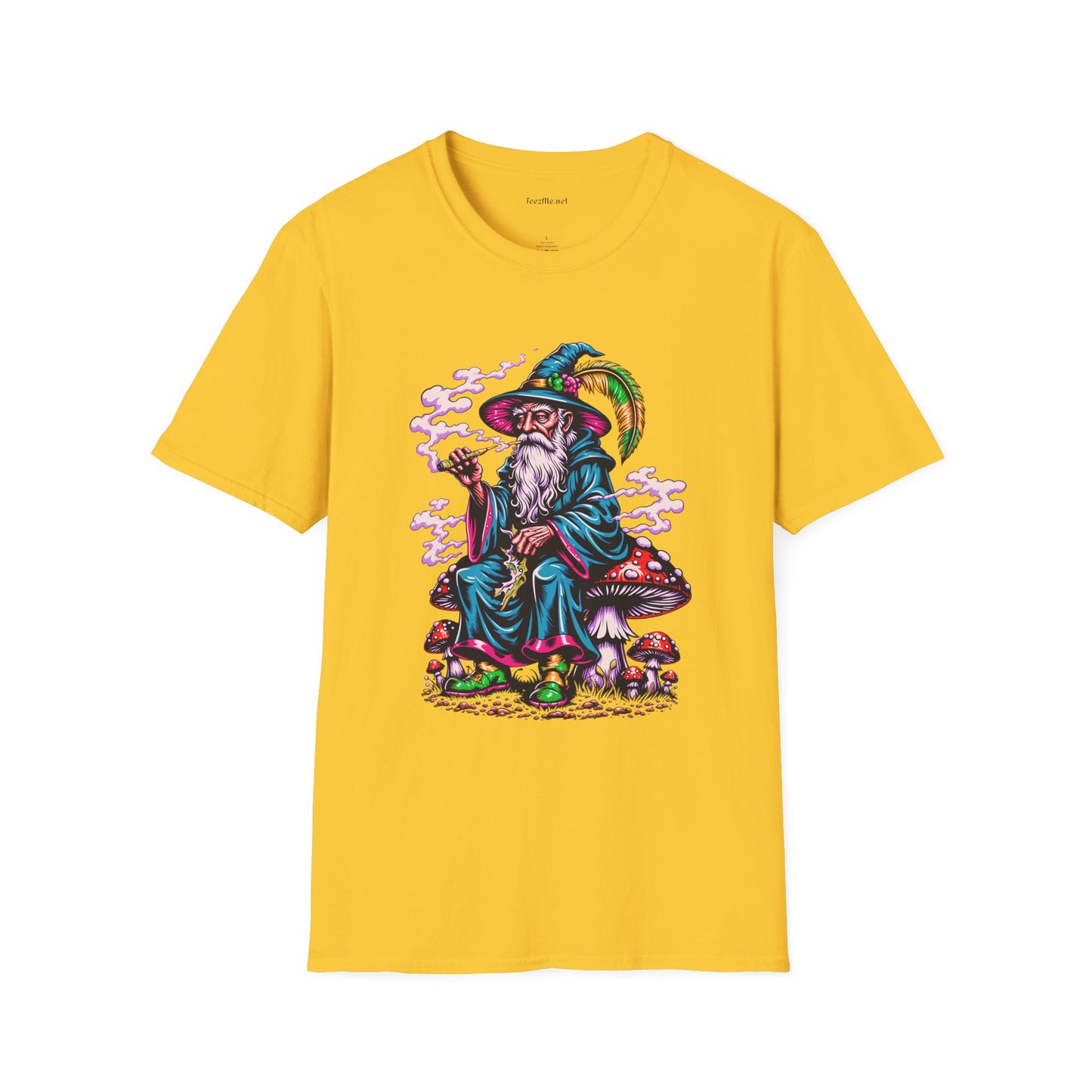 Psychedelic Smoking Wizard on Mushrooms Fantasy Unisex Softstyle T-Shirt 100% Cotton Graphic