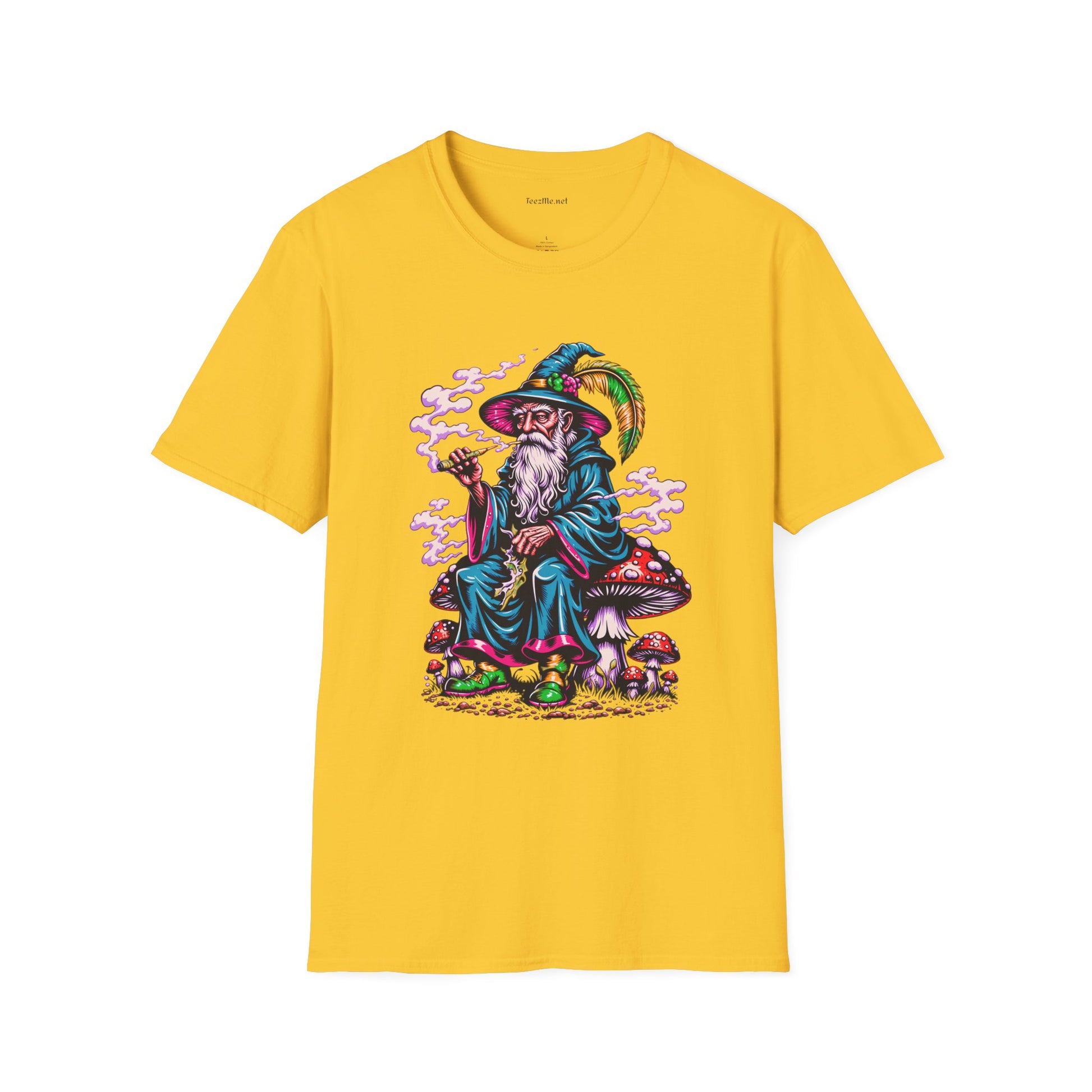 Psychedelic Smoking Wizard on Mushrooms Fantasy Unisex Softstyle T-Shirt 100% Cotton Graphic