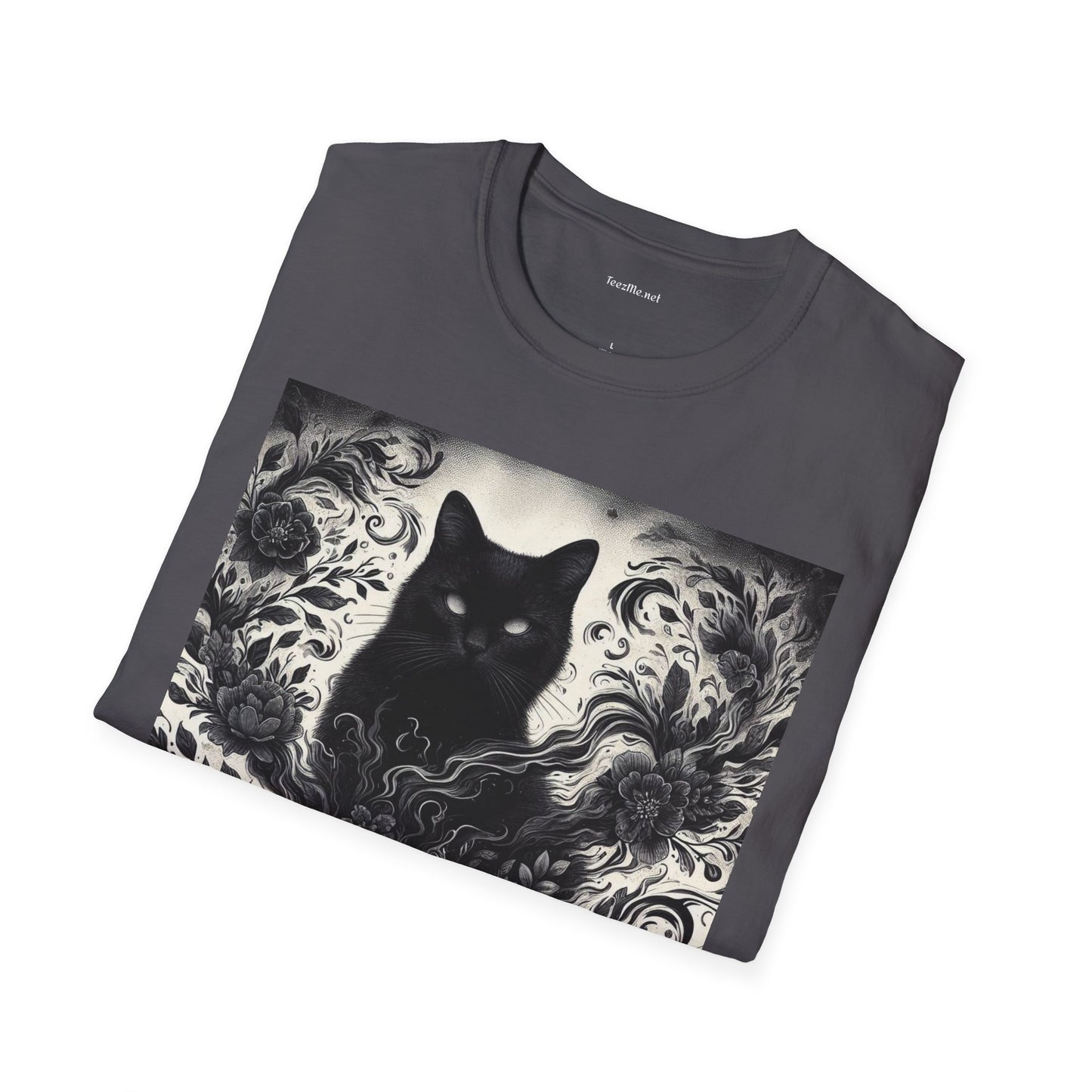 Black Cat Floral -Shirt 100% Cotton Graphic