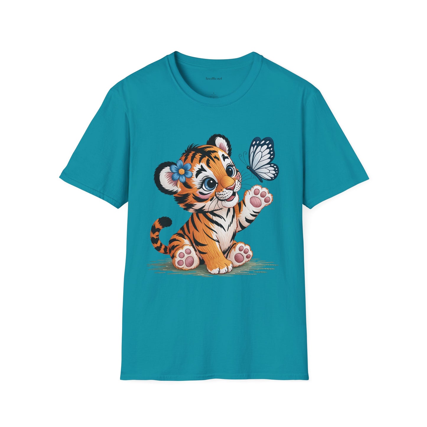 Cute Tiger Cub with Butterfly Unisex Softstyle T-Shirt 100% Cotton Graphic