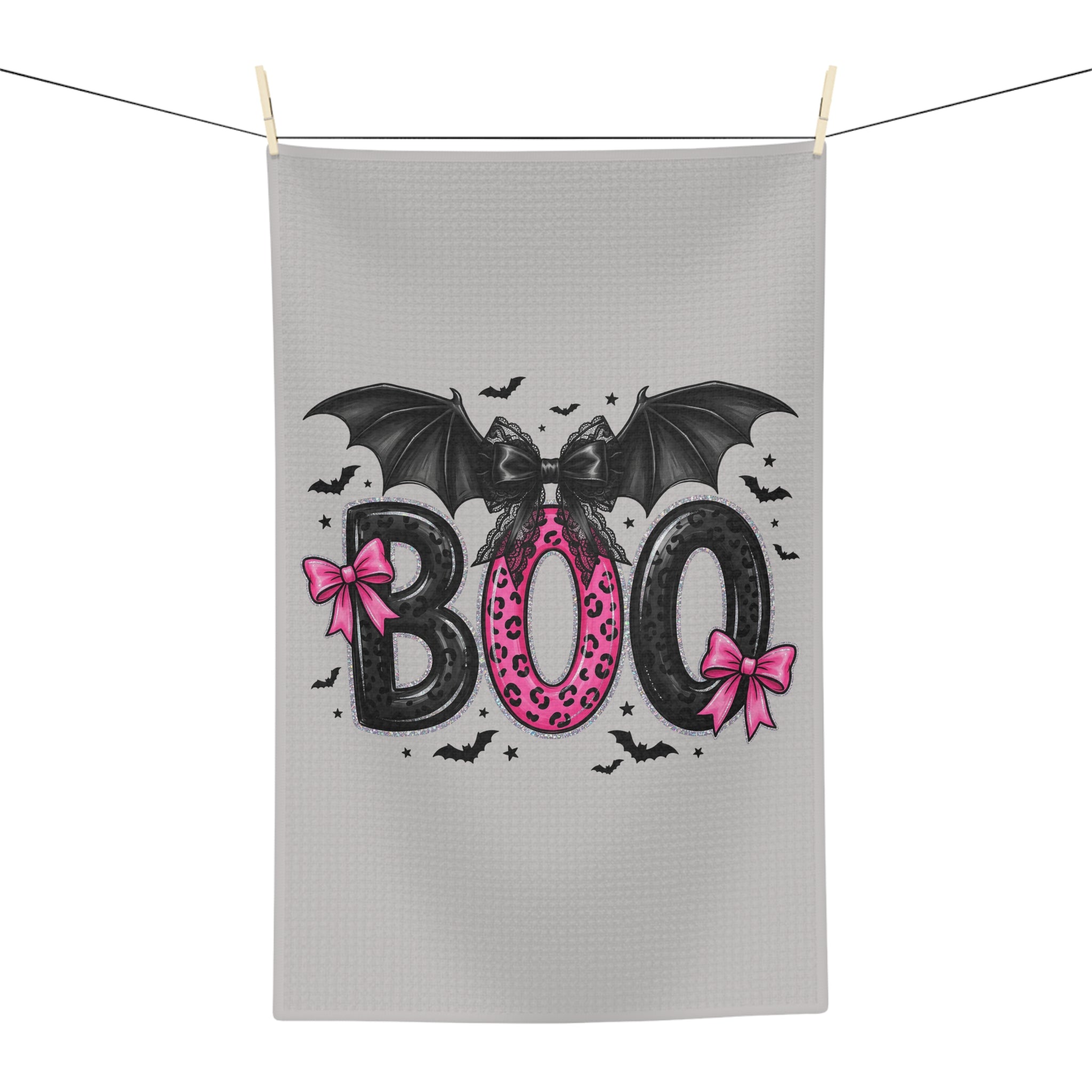 Pink Bat "BOO" Halloween Tea Towel — Cute Spooky Kitchen Decor