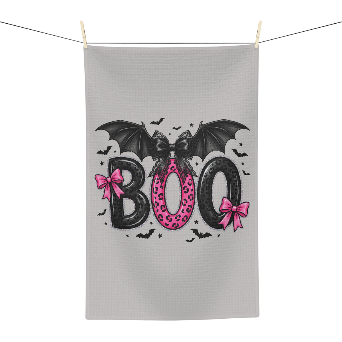 Pink Bat "BOO" Halloween Tea Towel — Cute Spooky Kitchen Decor