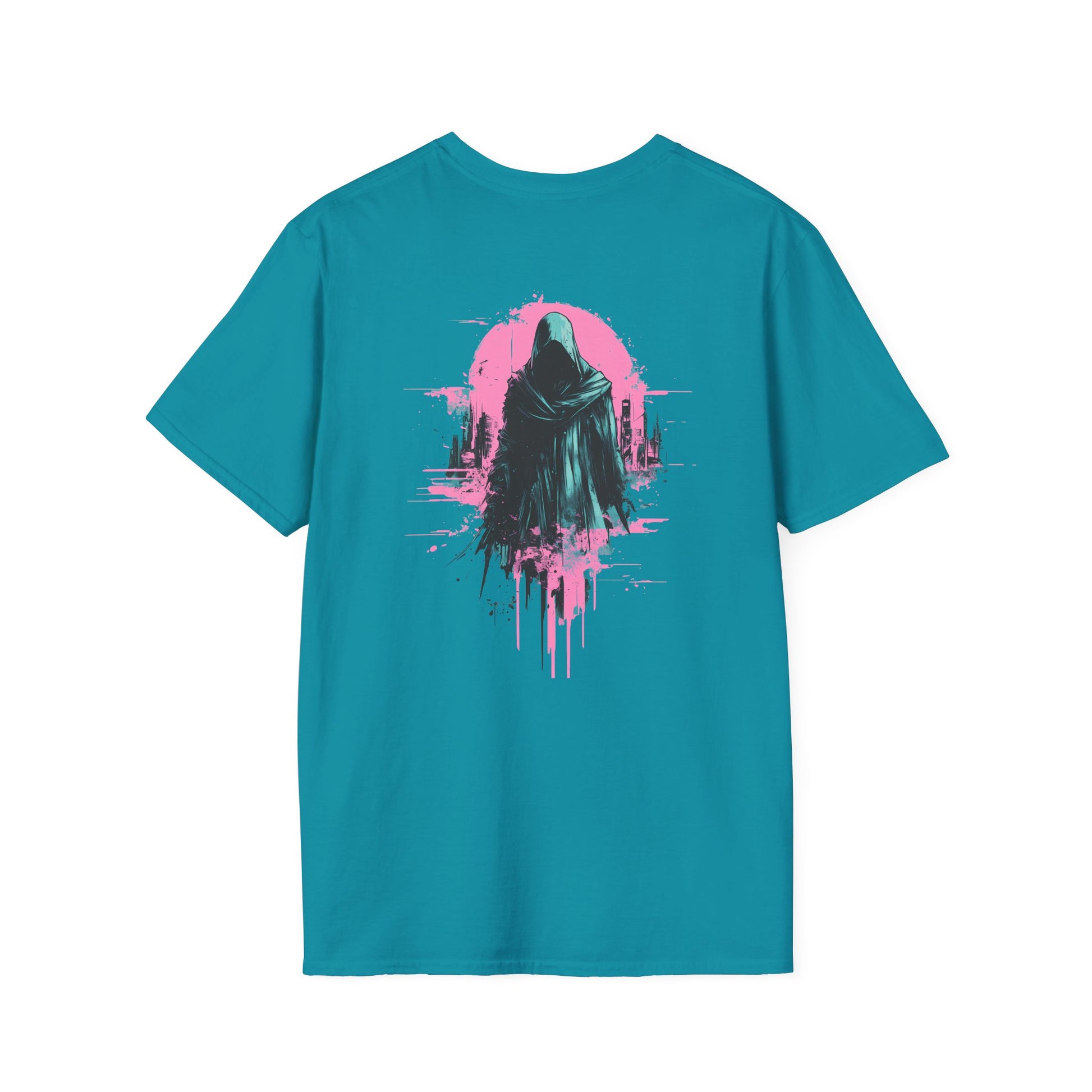 Reaper City Scape on back of Unisex Softstyle Graphic T-Shirt