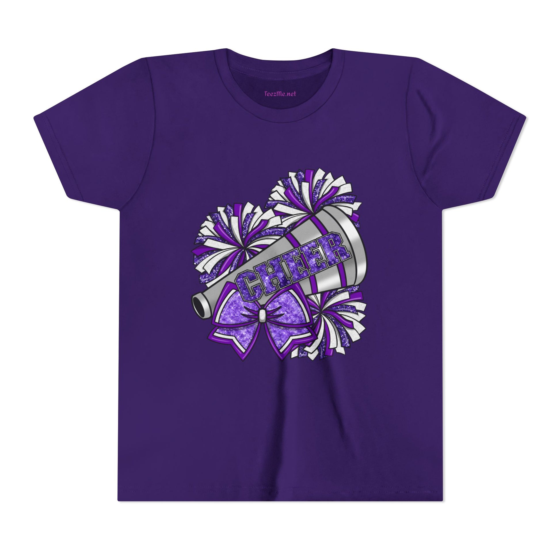 Youth Cheerleader Tee — Purple Pom-Pom & Megaphone Cheer Shirt