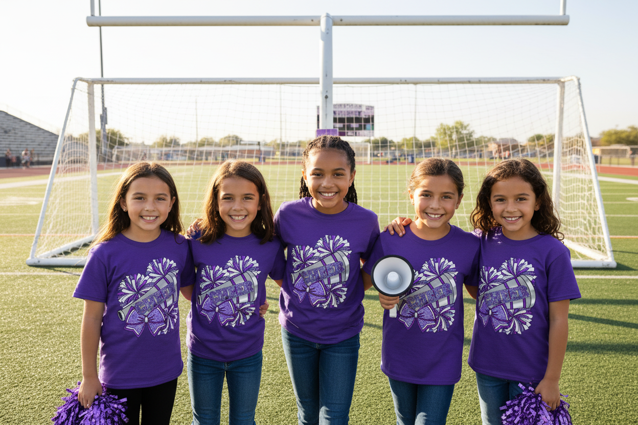 Youth Cheerleader Tee — Purple Pom-Pom & Megaphone Cheer Shirt