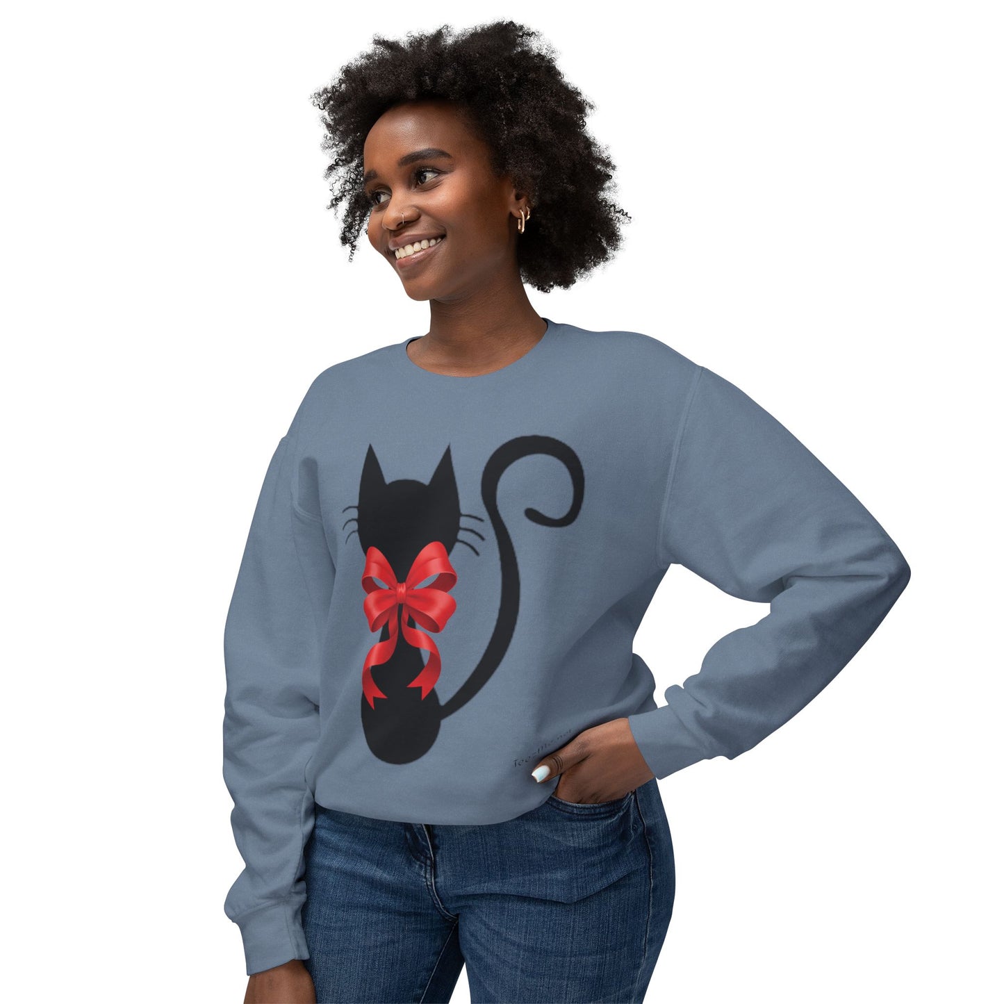 Cat with Red Bow 01 Unisex Lightweight Crewneck Sweatshirt