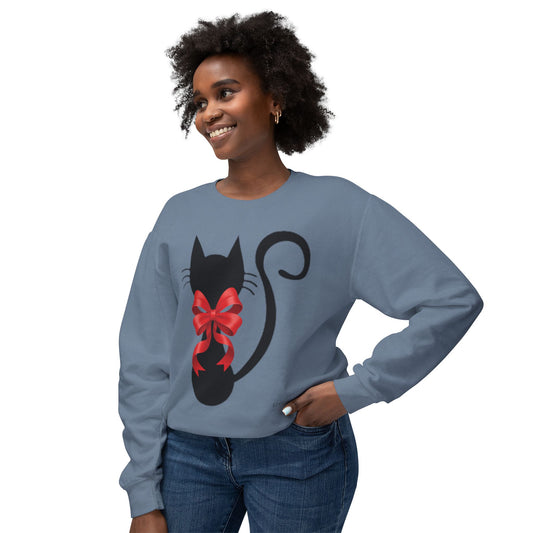 Cat with Red Bow 01 Unisex Lightweight Crewneck Sweatshirt
