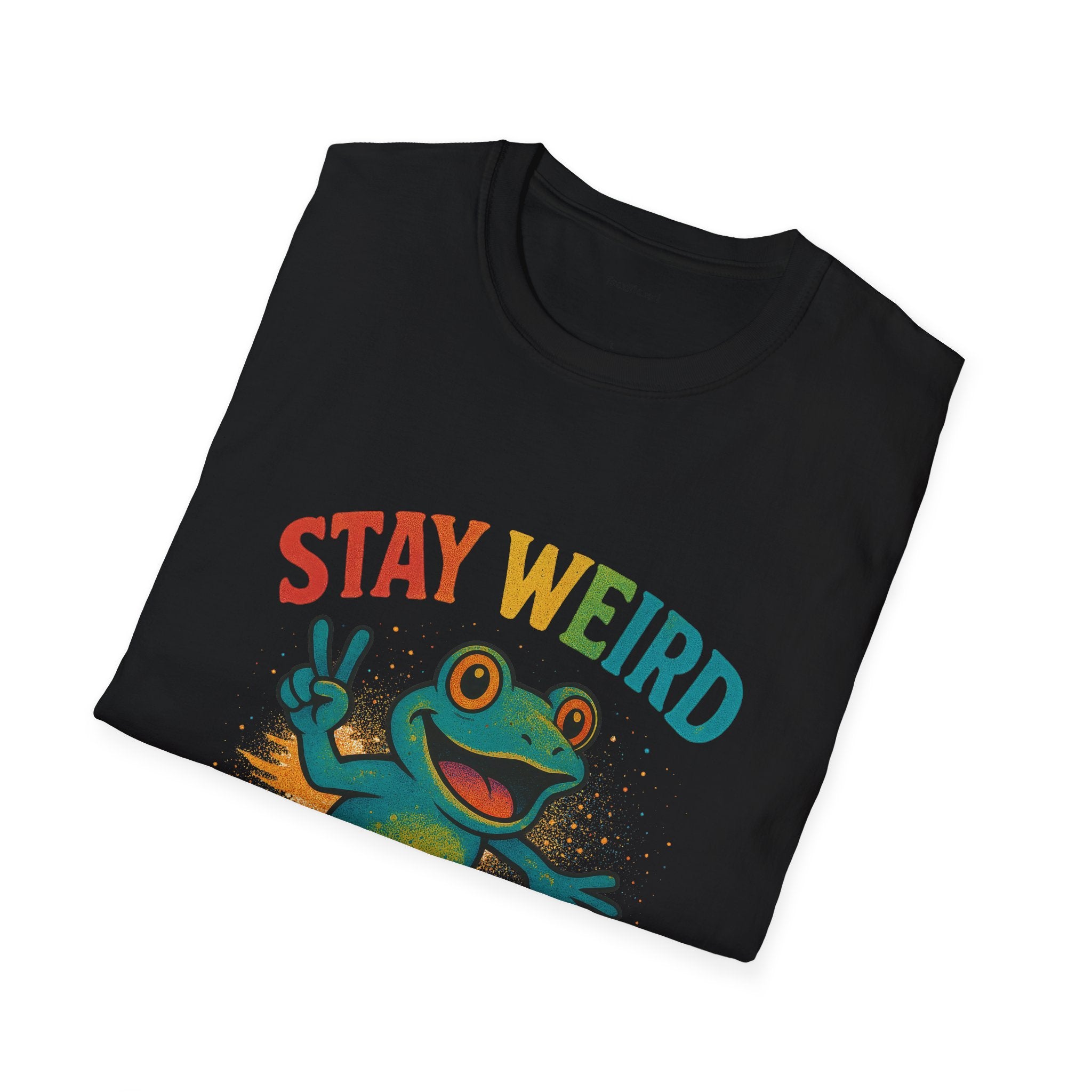 Stay Weird Frog T-Shirt — Retro Rainbow Skateboarding Frog Graphic Tee