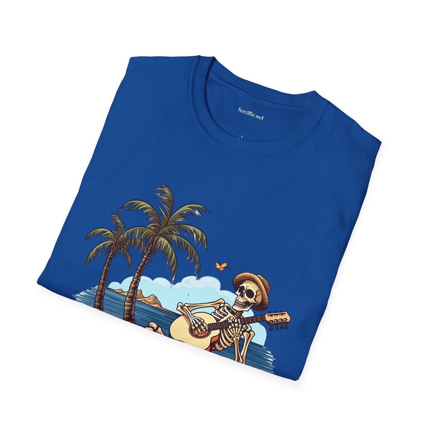 Skeleton with Guitar under palm tree - Unisex Softstyle T-Shirt 100% Cotton Graphic