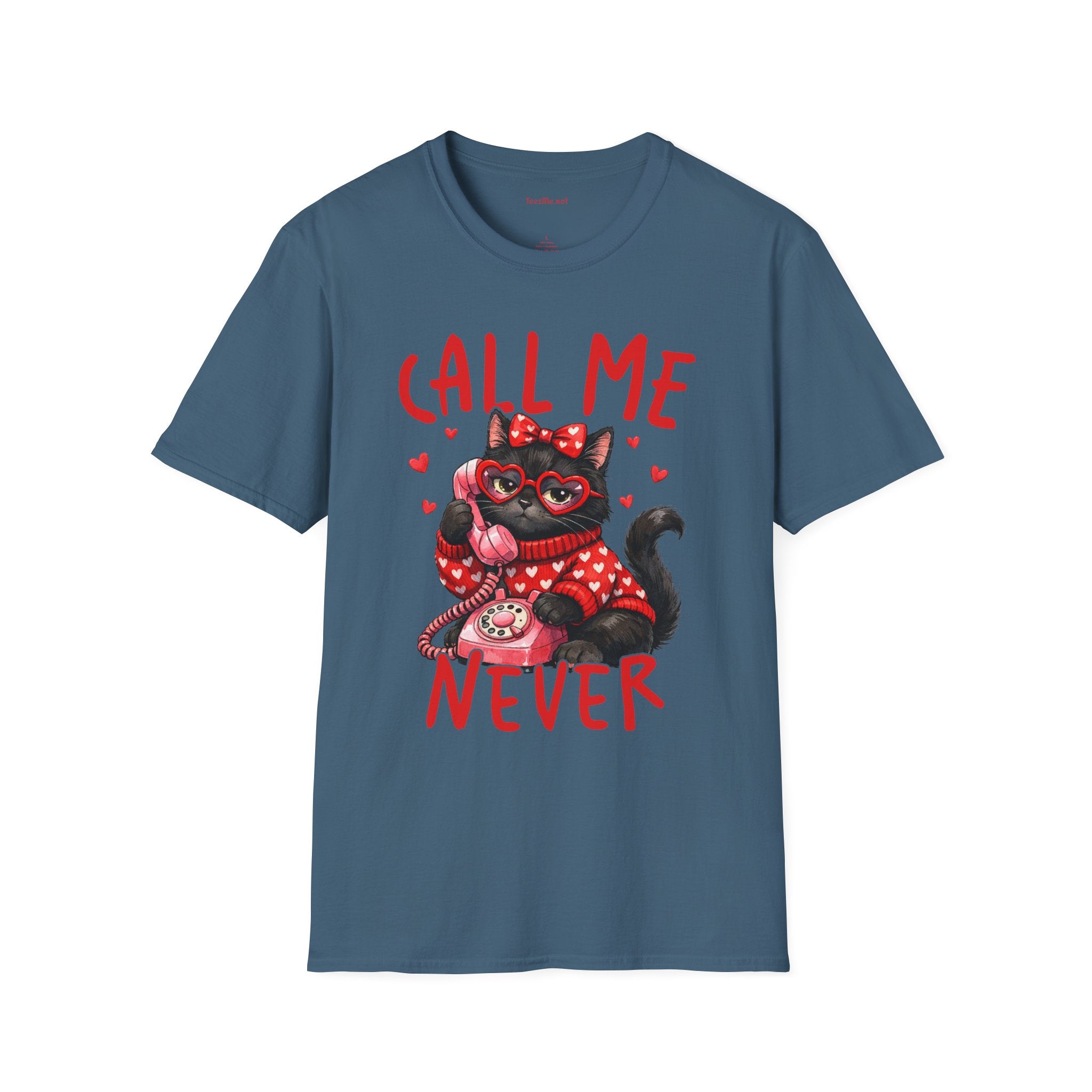 T-Shirt — "Call Me Never" Cute Black Cat Valentine Graphic Tee