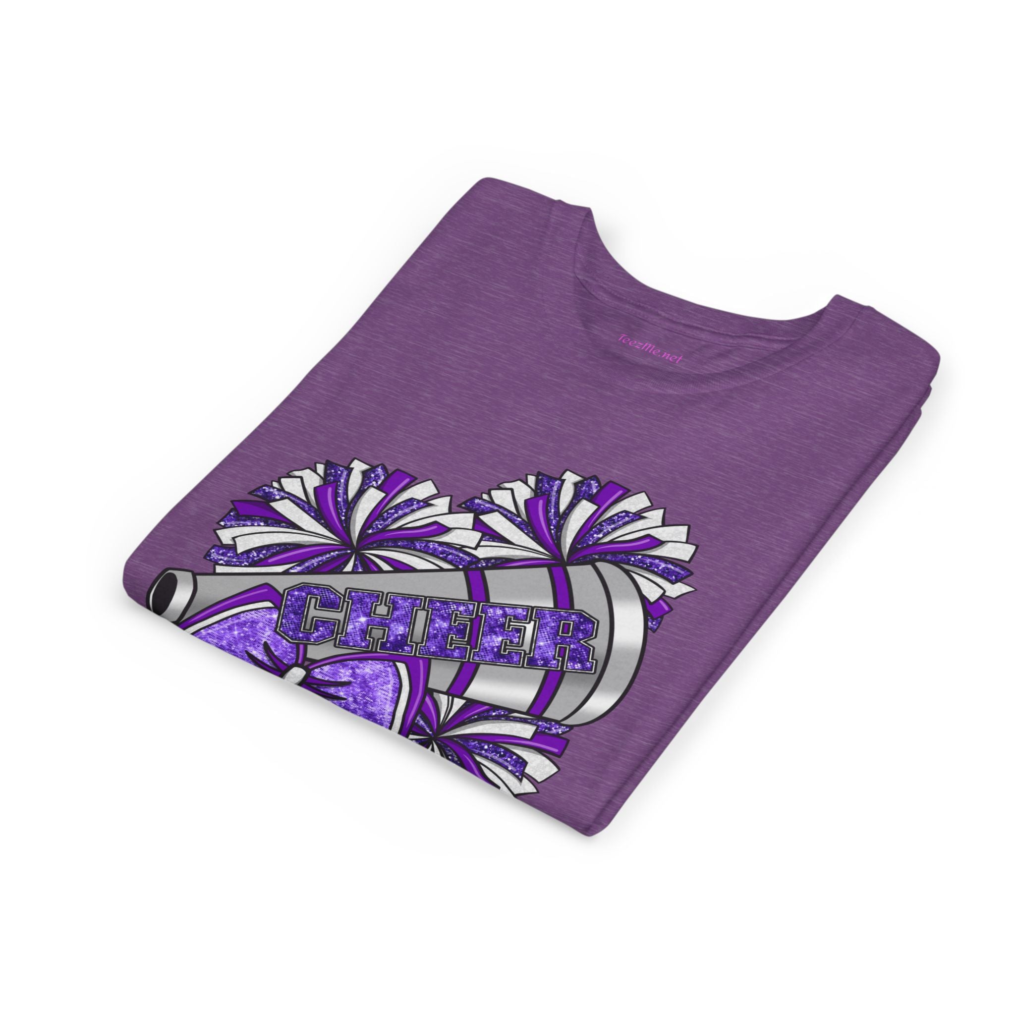 Youth Cheerleader Tee — Purple Pom-Pom & Megaphone Cheer Shirt