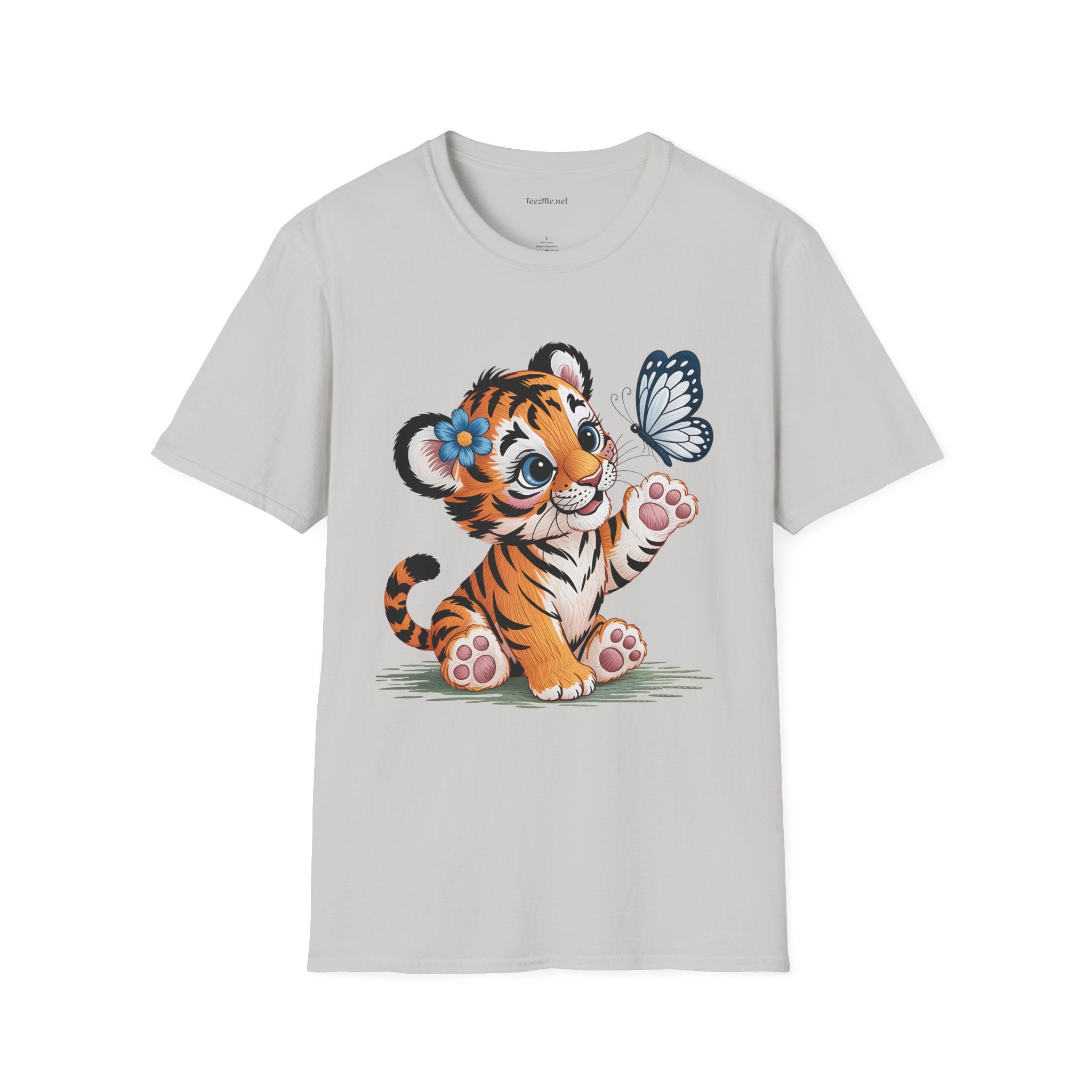Cute Tiger Cub with Butterfly Unisex Softstyle T-Shirt 100% Cotton Graphic