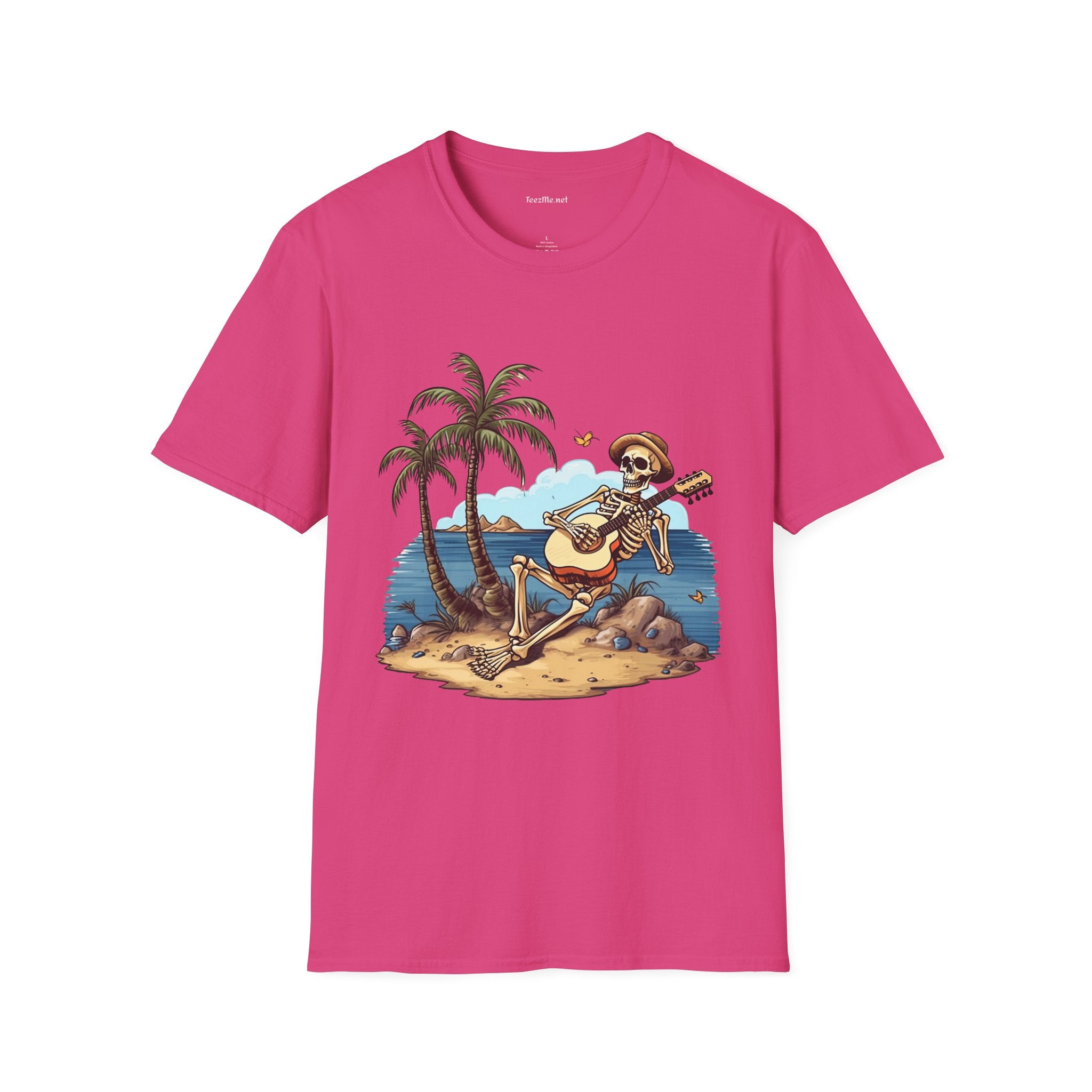 Skeleton with Guitar under palm tree - Unisex Softstyle T-Shirt 100% Cotton Graphic