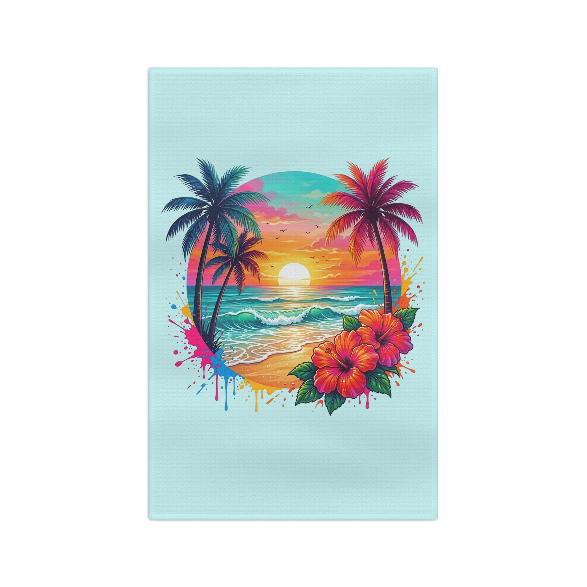Tropical Sunset Tea Towel — Vibrant Palm Beach Design with Hibiscus