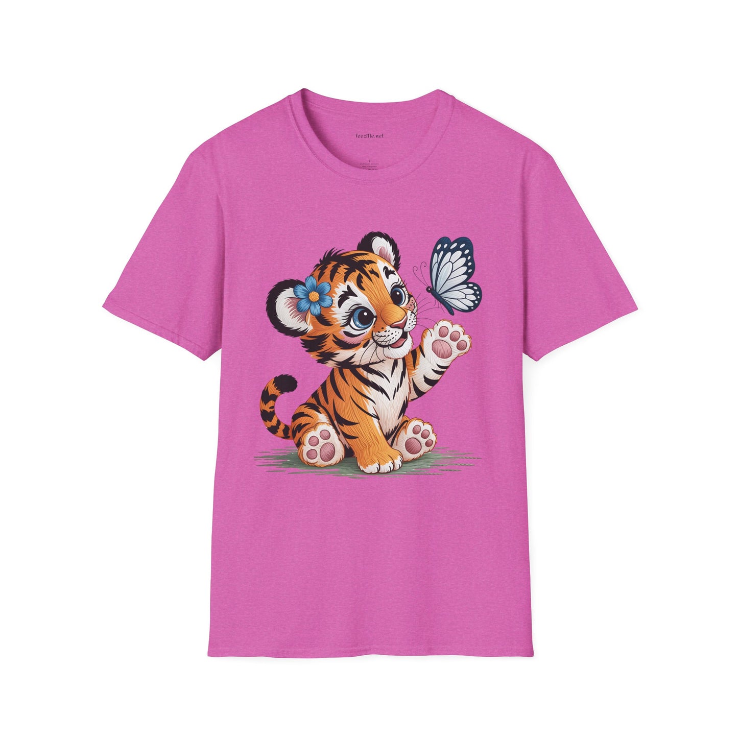Cute Tiger Cub with Butterfly Unisex Softstyle T-Shirt 100% Cotton Graphic