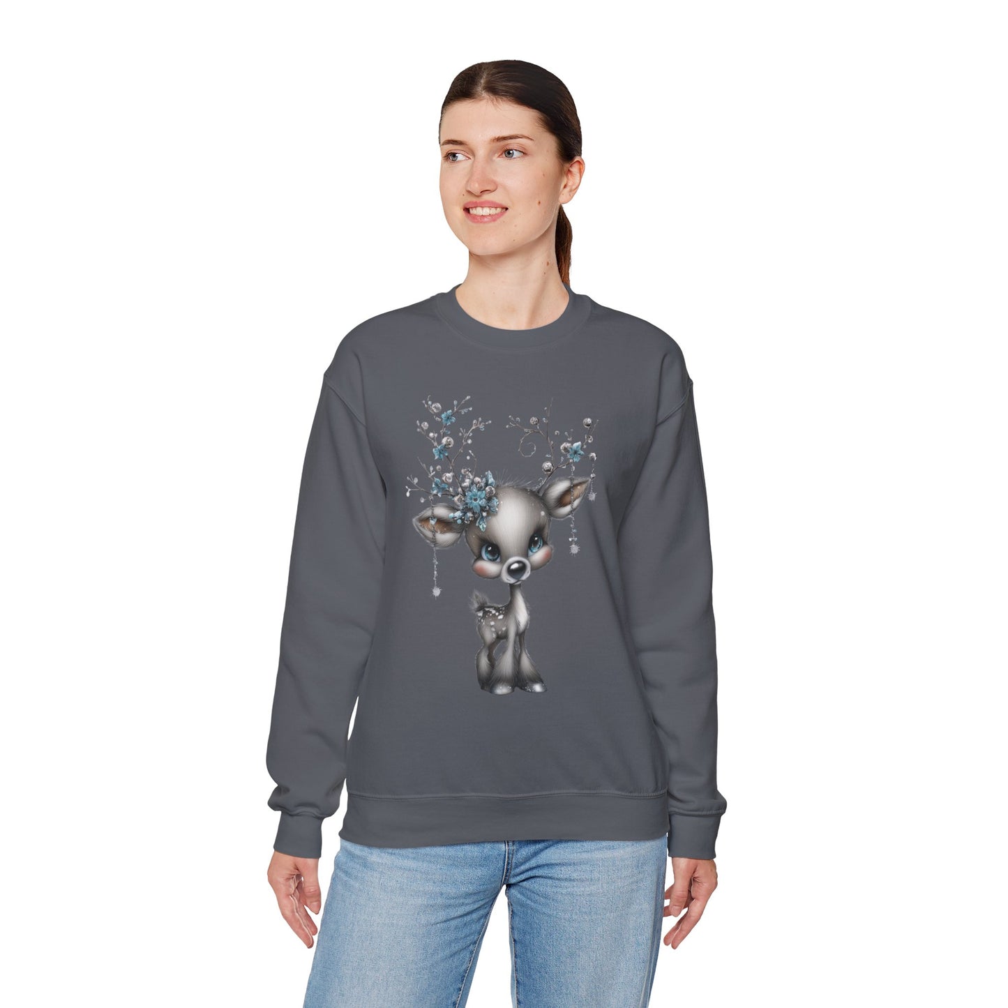 Winter Floral Reindeer Unisex Heavy Blend™ Crewneck Sweatshirt