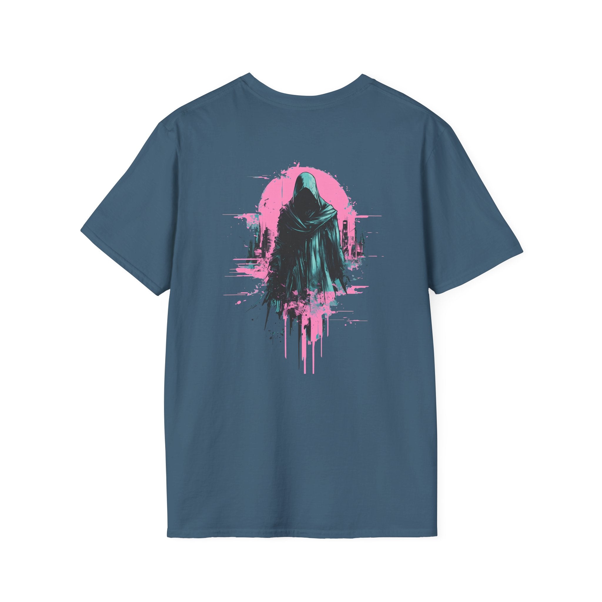Reaper City Scape on back of Unisex Softstyle Graphic T-Shirt