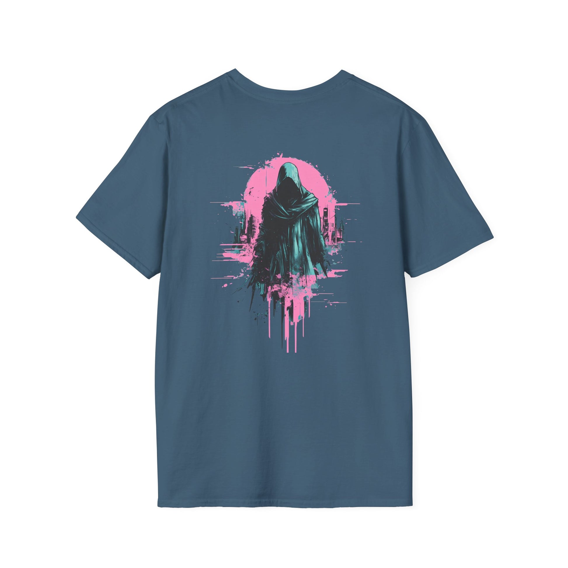 Reaper City Scape on back of Unisex Softstyle Graphic T-Shirt
