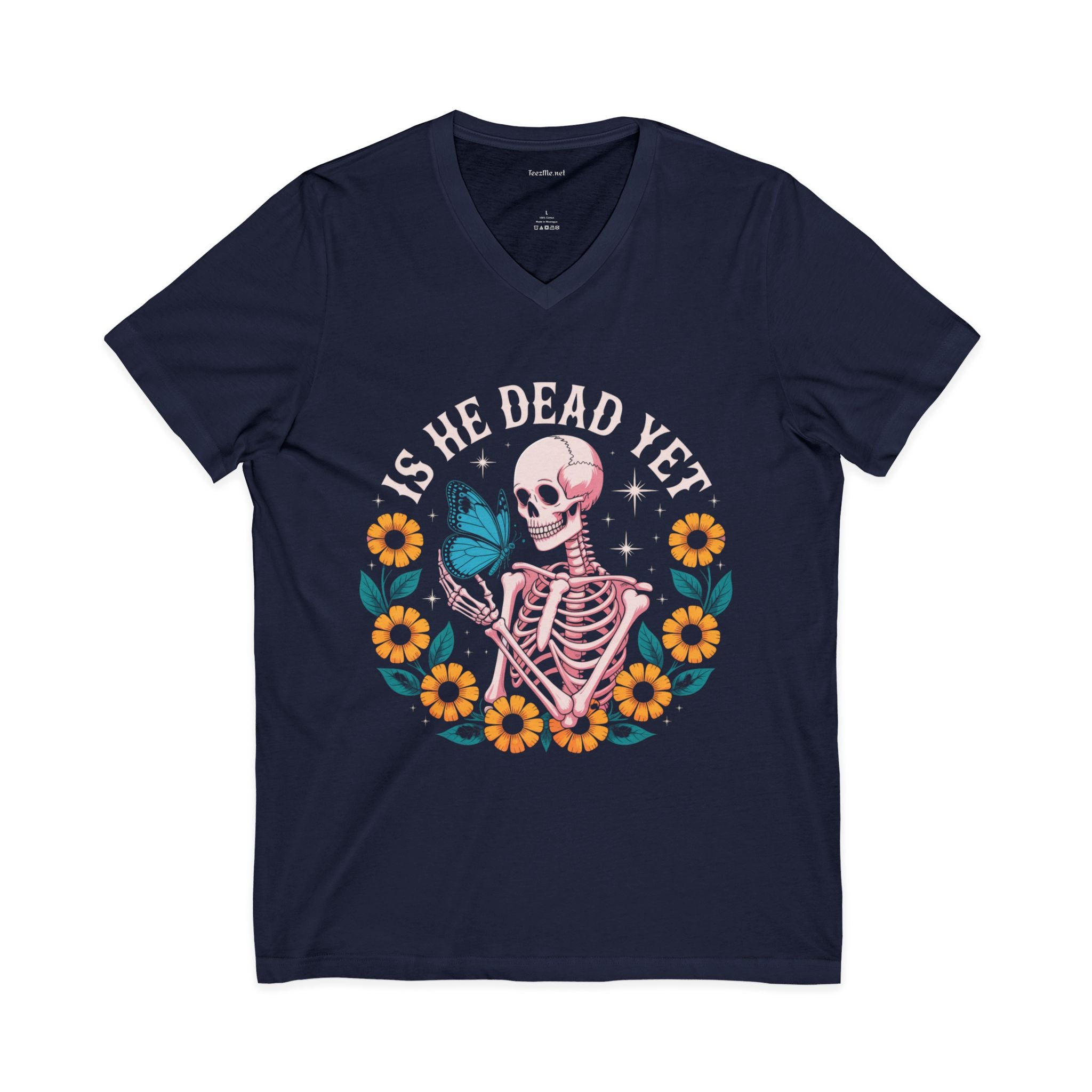 Is He Dead Yet? Skeleton Butterfly V-Neck Tee