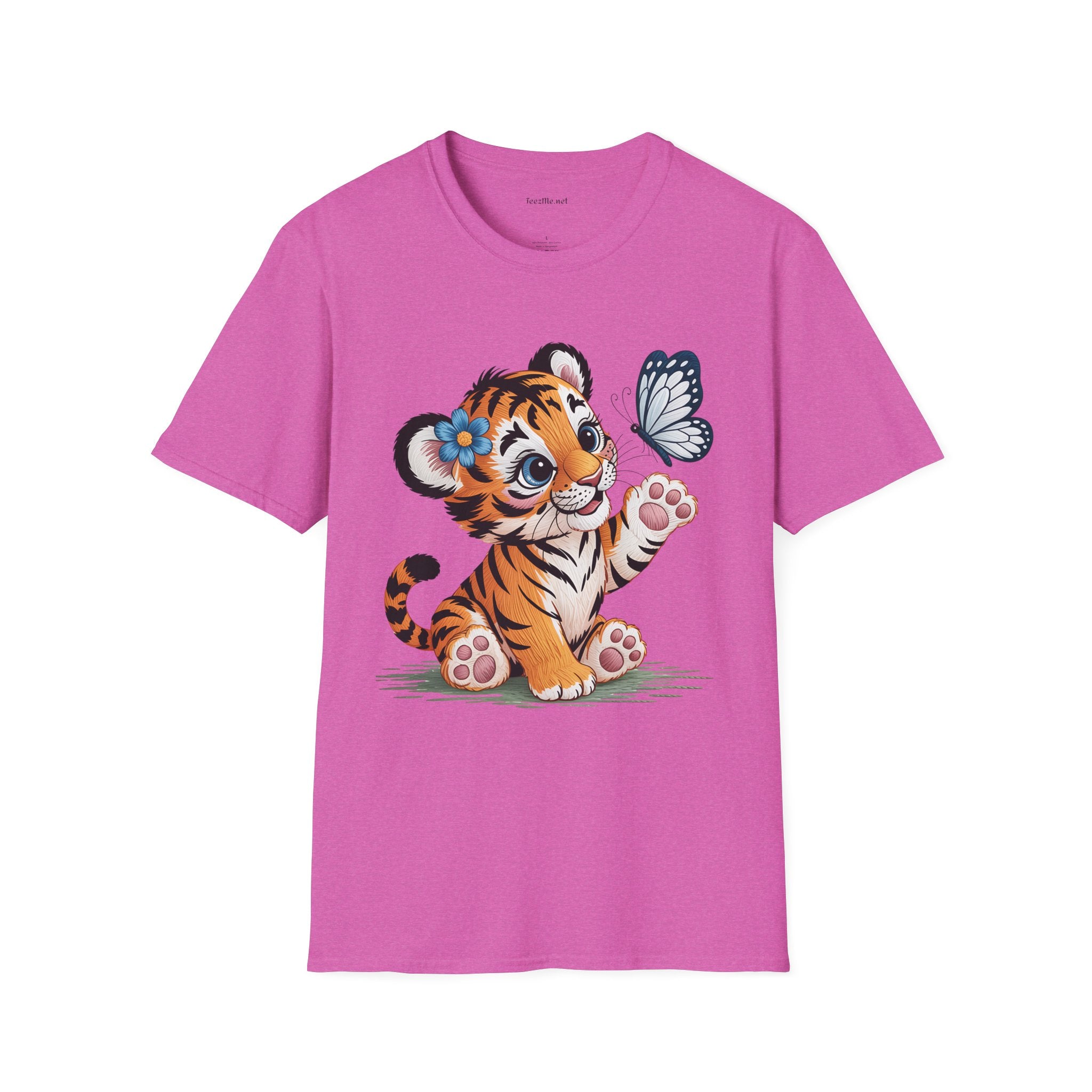 Cute Tiger Cub with Butterfly Unisex Softstyle T-Shirt 100% Cotton Graphic
