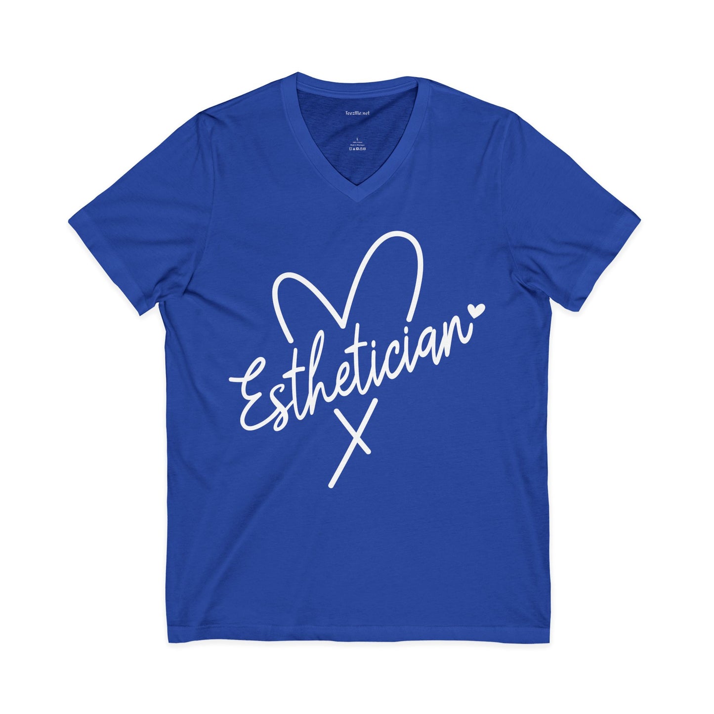 Esthetician with heart (white text) Unisex Jersey Short Sleeve V-Neck Tee