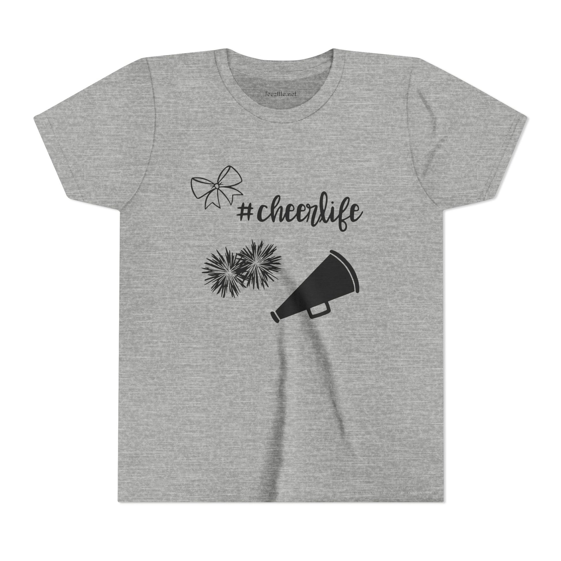 Youth Cheer Tee – "#cheerlife" Megaphone, Pom-Poms & Bow Graphic