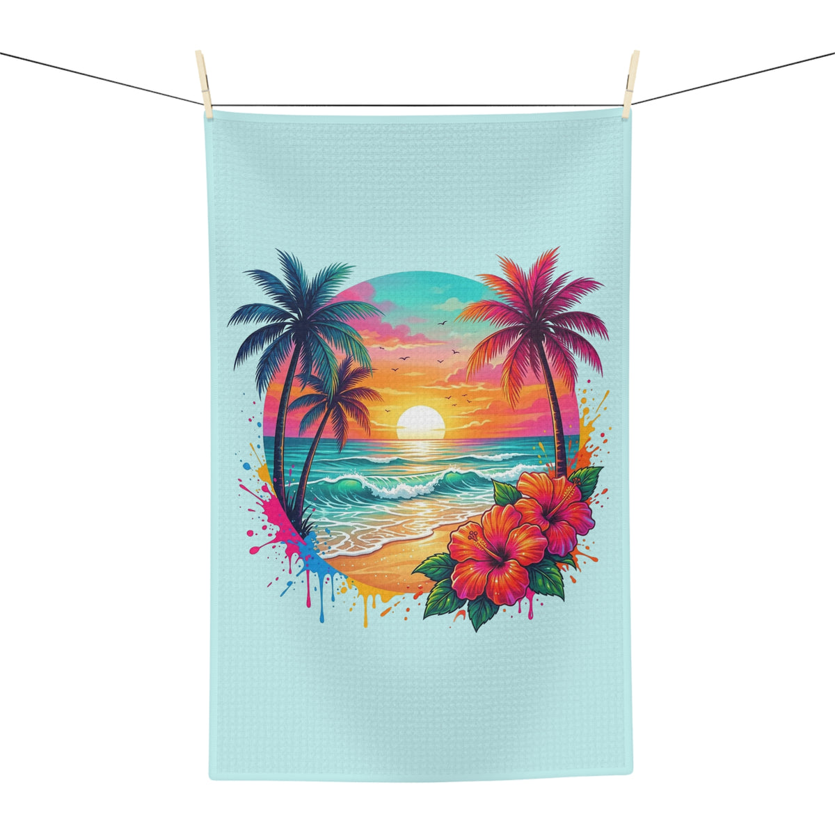 Tropical Sunset Tea Towel — Vibrant Palm Beach Design with Hibiscus