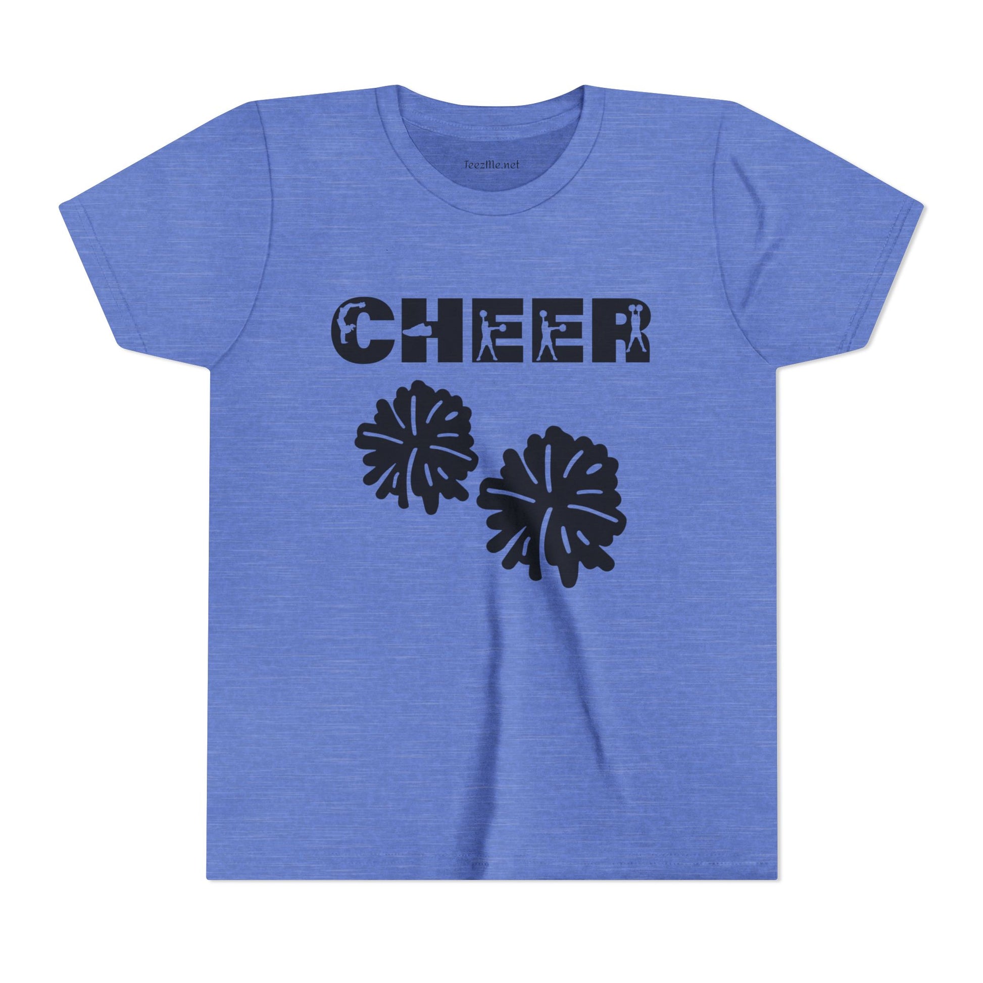 Youth Cheer T‑Shirt – 'CHEER' Graphic with Pom Poms | Kid Cheerleader Tee for Practice & Games