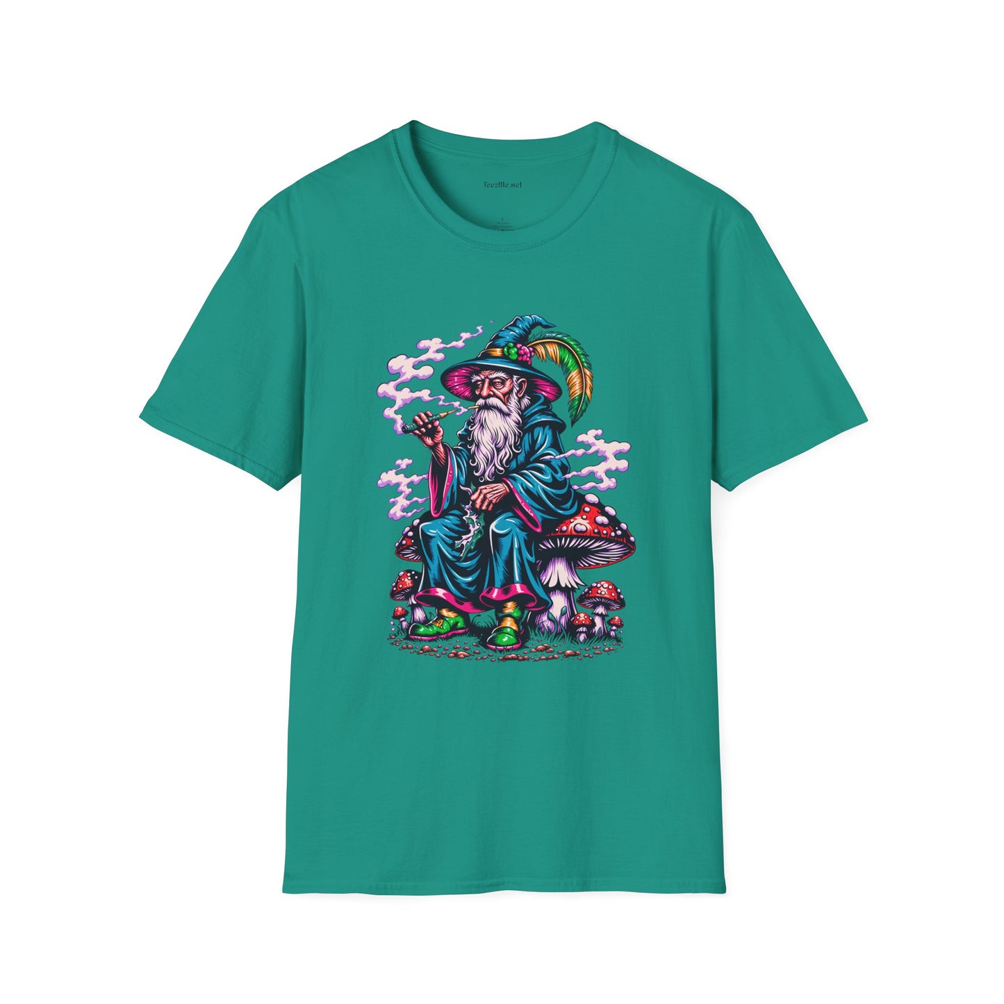 Psychedelic Smoking Wizard on Mushrooms Fantasy Unisex Softstyle T-Shirt 100% Cotton Graphic